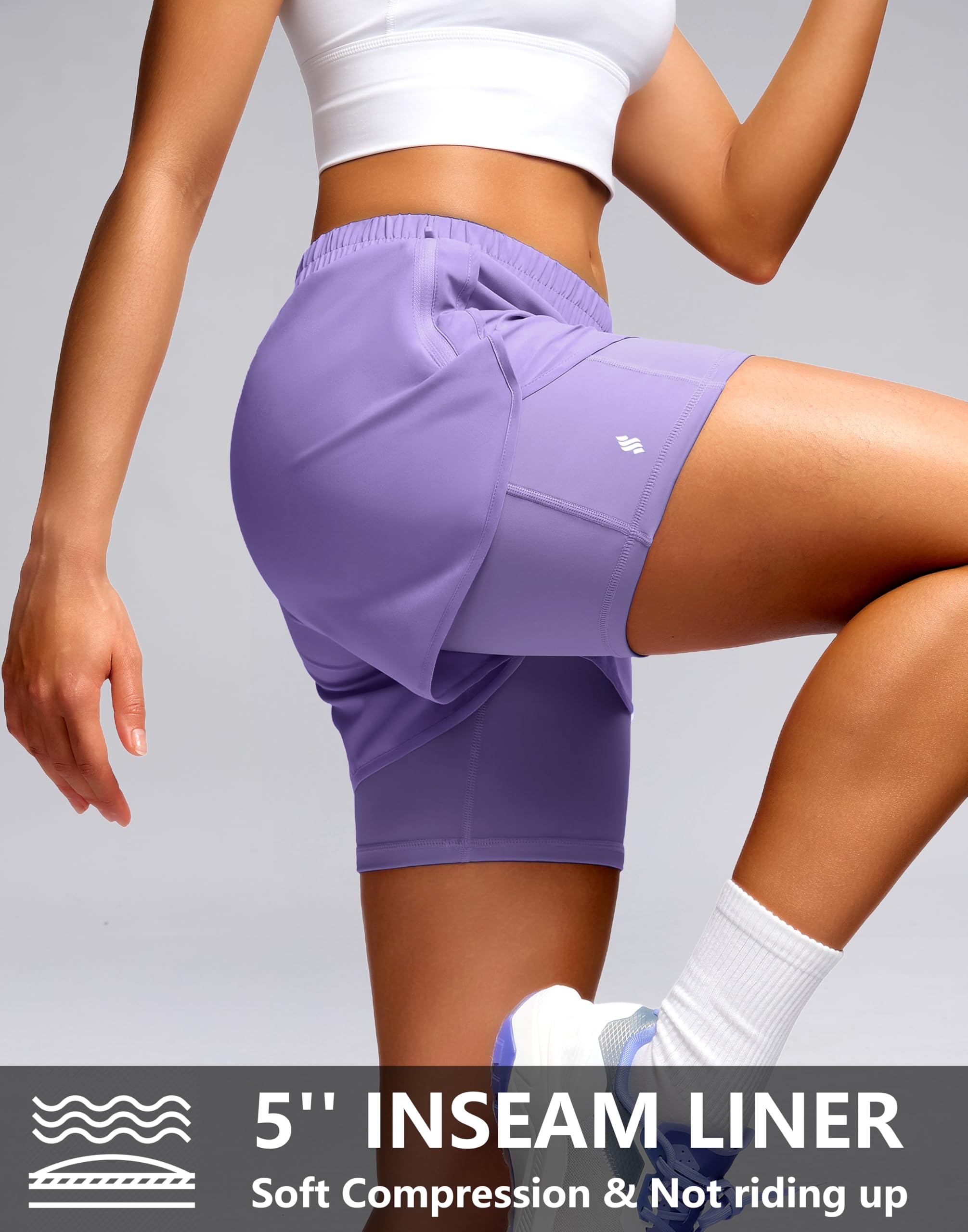 Soothfeel Pantalones cortos deportivos 2 en 1 para correr para mujer con bolsillo con cremallera y forro de 5 pulgadas, cintura alta, para gimnasio, entrenamiento, tenis para mujer