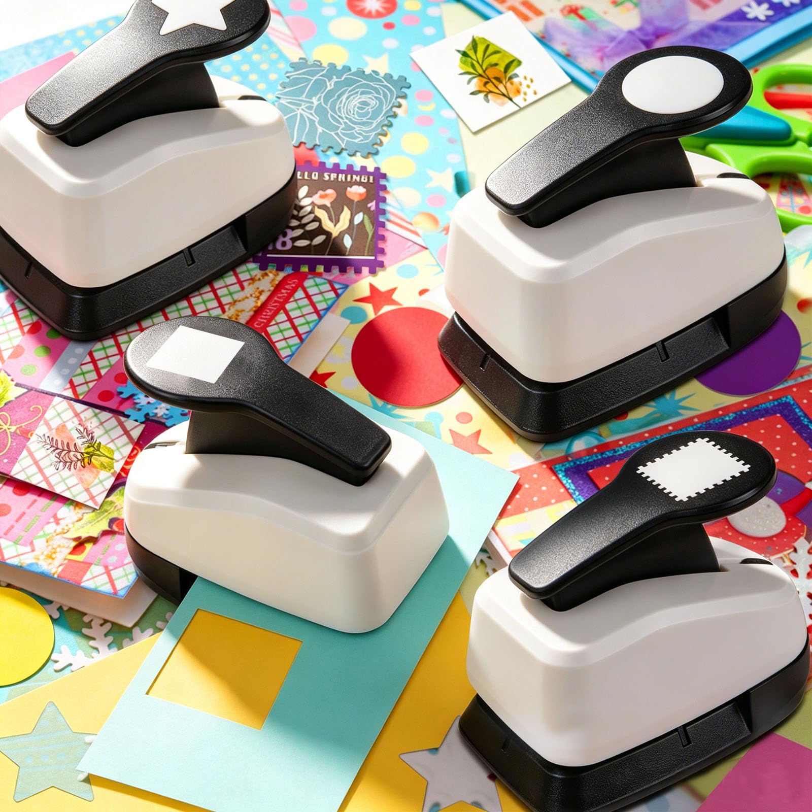Set di perforatrici per carta, 2,5 cm, per lavori di carta, quadrati, perforatori a stella, cerchi, per artigianato, scrapbooking, creazione di biglietti, progetti fai da te (4 pezzi)