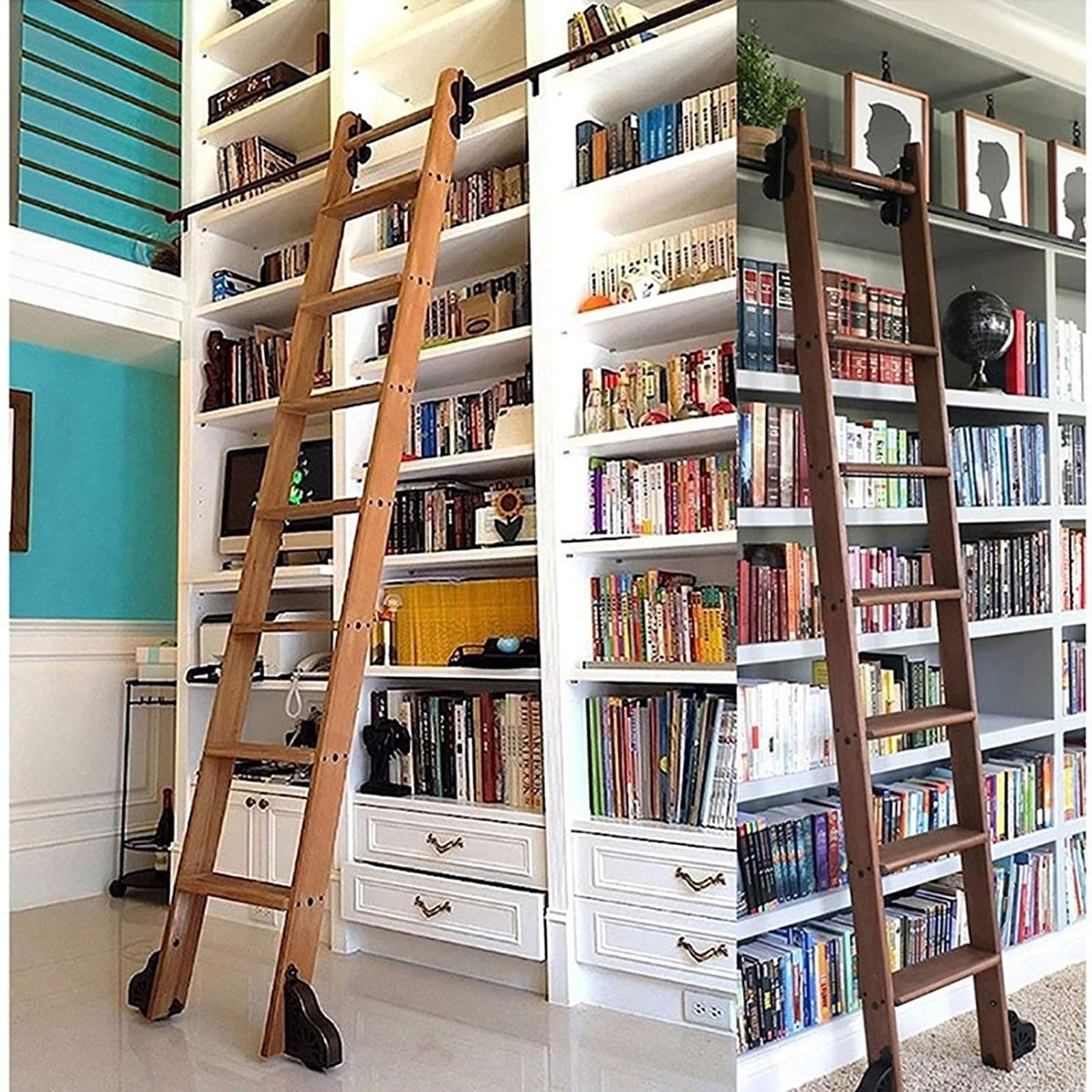 KAZUP Tensible Rolling Ladder Hardware Sliding Library Ladder Track Kit, Rustikales schwarzes Rundrohr Mobiles Leiterschienen-/Schienensystem mit Bremsrädern an der Unterseite (ohne Leiter) (Größe