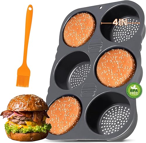 Hamburger Bun Pan Non-Stick Silicone Baking Mold, Perfect for Baking Fresh, Homemade Burger Buns - Oven-Safe 4-in Cups, Perforated 6-Cavity -