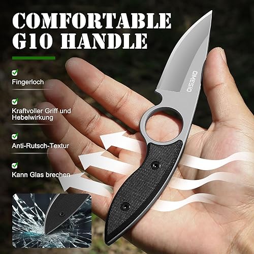 Vista 16 de Omesio Cuchillo pequeño de hoja fija, cuchillo táctico de caza y campamento con funda Kydex, mango compacto de acero inoxidable de espiga completa
