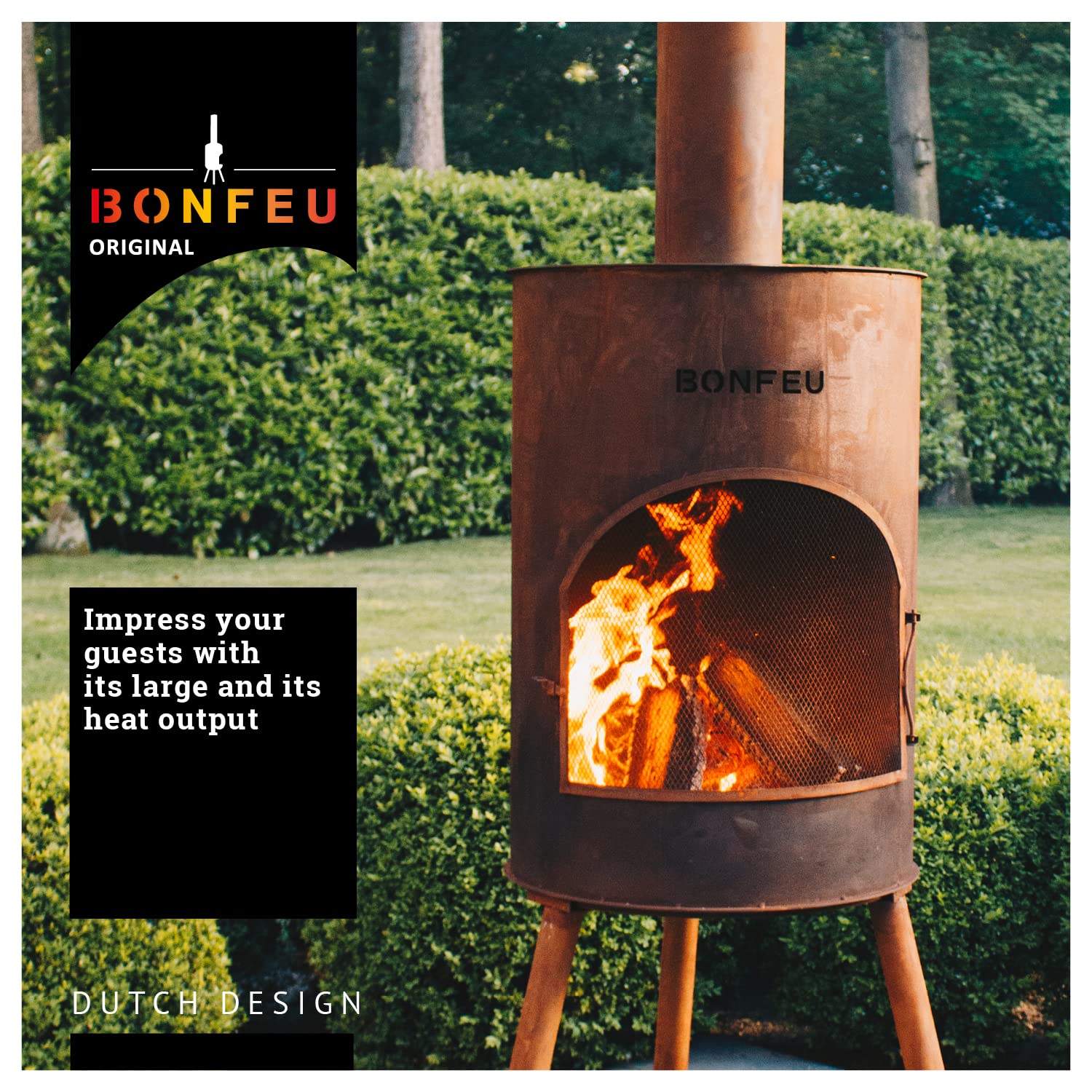 BonFeu BonTon 60 Grate - Patio stove - Fireplace with spark protection for relaxing evenings - Fire column outdoor - Patio fireplace with barbecue grate - Corten steel garden stove - 60x60x205cm — view 6