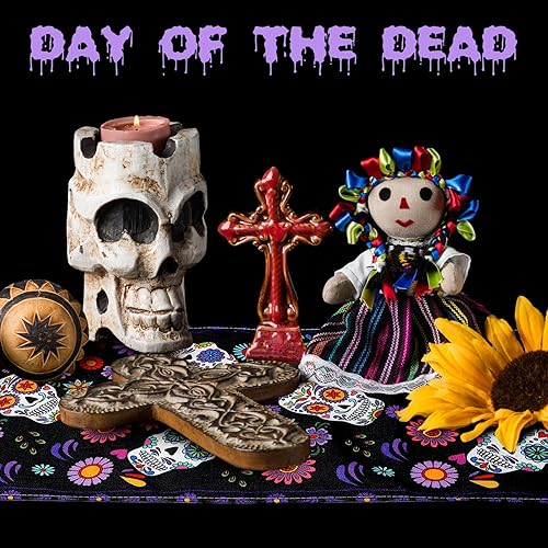 Miniatura 5 de Peryiter Camino de mesa del Día de los Muertos, 2 piezas, decoración de lino con calavera de azúcar, caminos de mesa mexicanos para festivales,