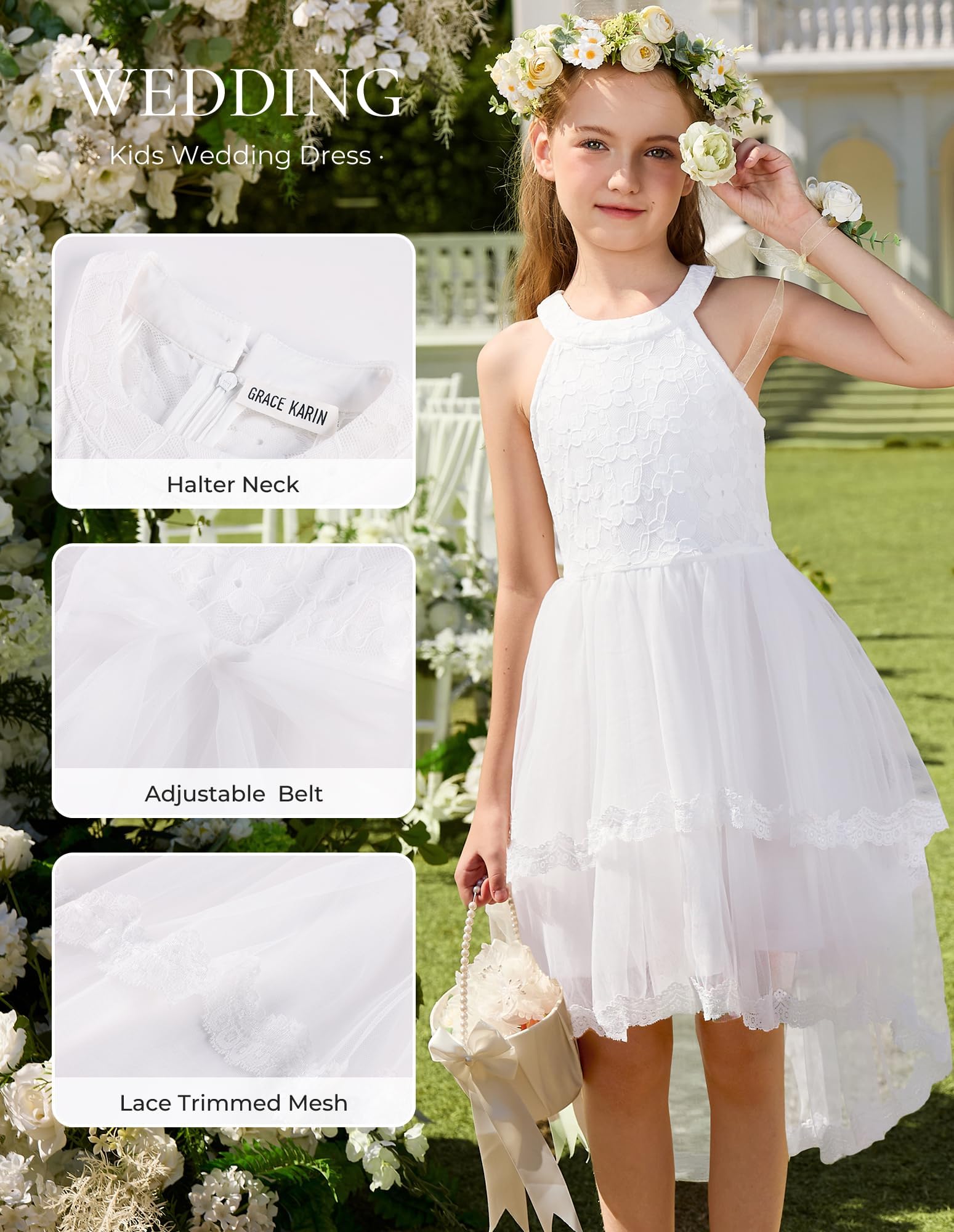 GRACE KARIN Vestidos de fiesta de boda de malla para niñas, cuello redondo, acampanados, vestidos de comunión festivos
