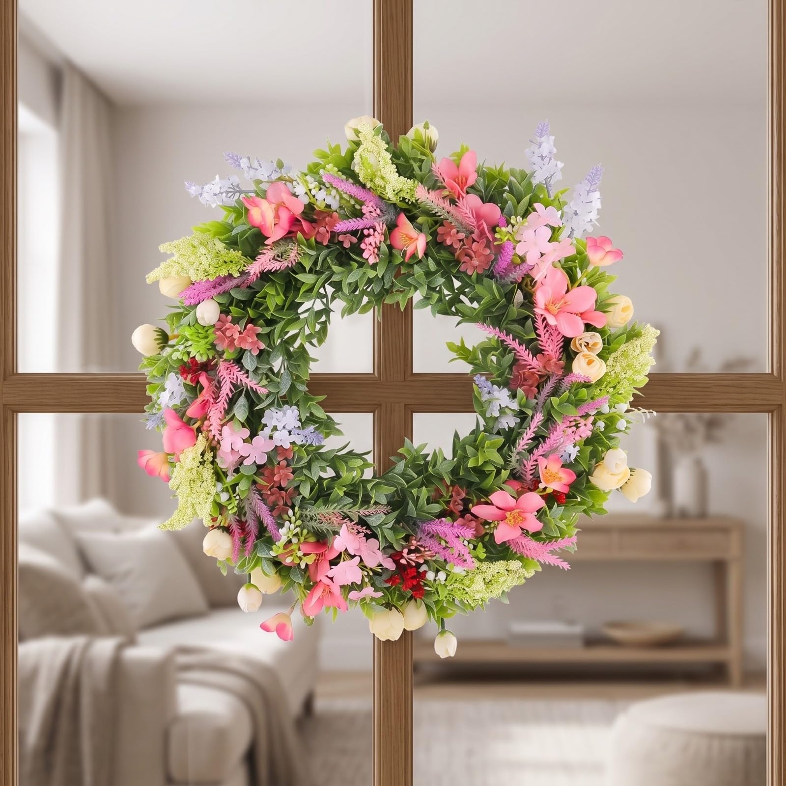 Künstlich Dekokranz mit Kunstblumen | Kunstblumenkranz, sommerlich, Türkränze, für Haustür, Frühlingsdeko, Eingangsbereich