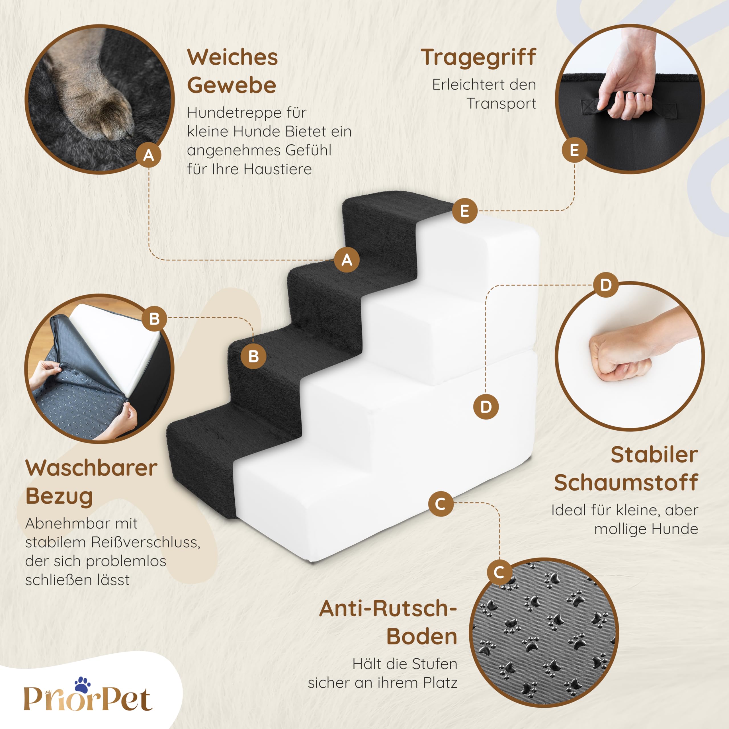 Hundetreppe für Bett und Sofa - 4 Stufen Hunderampe 58cm Hoch - Schaumstoff für Kleine Hunde - Sichere und Stabile Haustiertreppe - Abnehmbarer Waschbarer Bezug - Schwarz