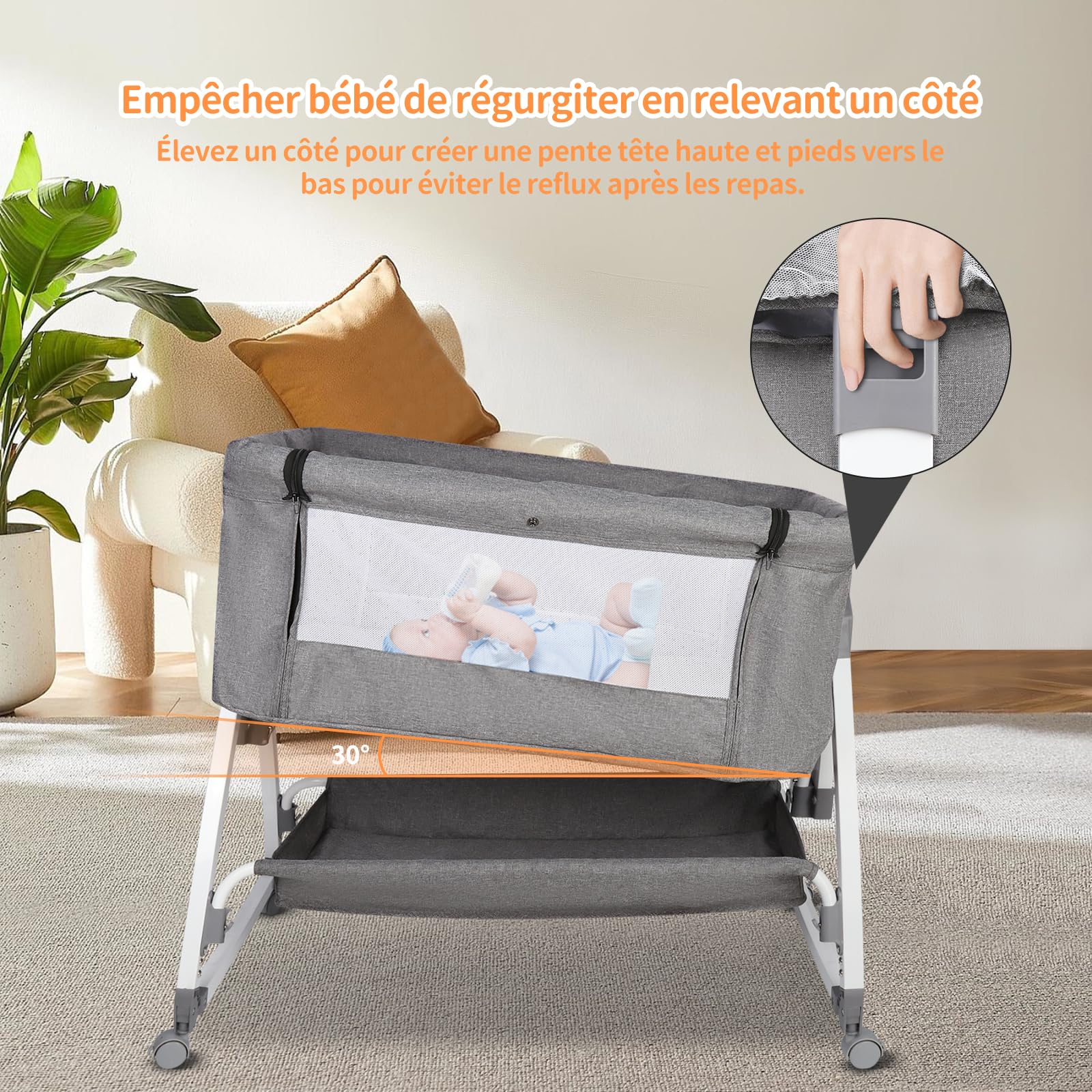 Berceau Cododo 3 en 1 pour Bébé avec Matelas Moelleux et Moustiquaire, Réglable en Hauteur et Inclinaison, 4 Roues, Gris 80x40x100-115cm, 1-36 Mois