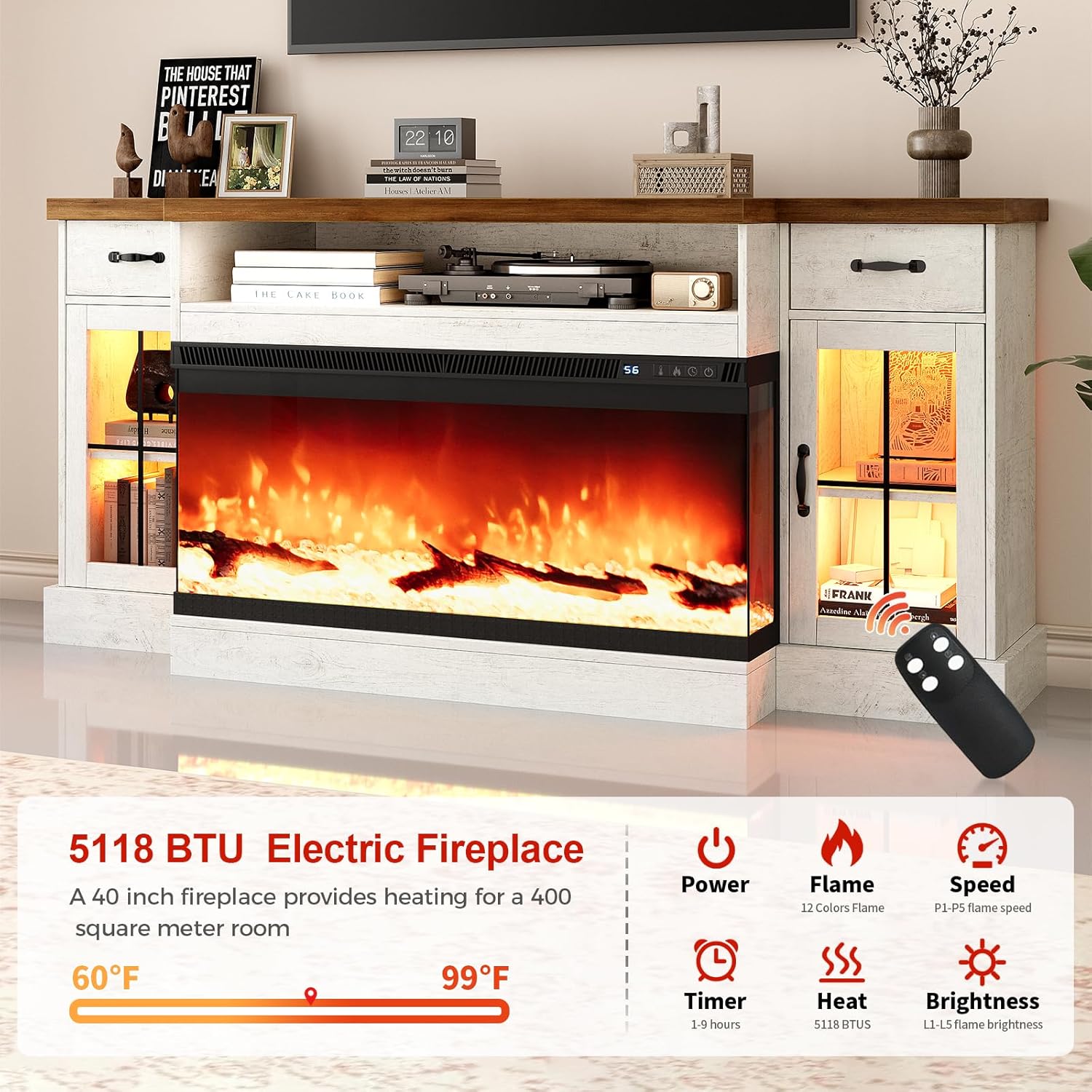 Infographic detailing the features of the electric fireplace, including power, flame colors, speed, timer, heat output, and brightness settings.