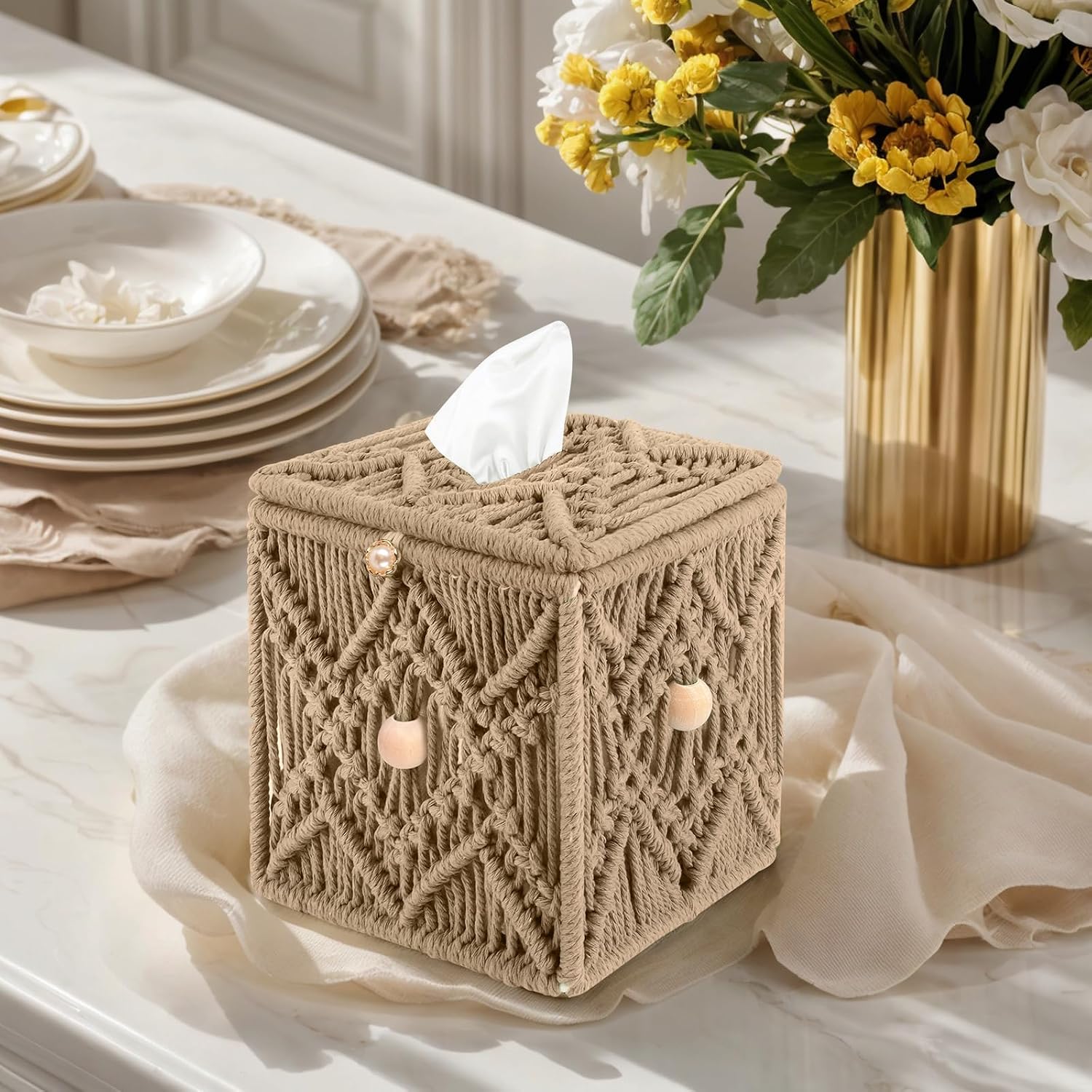 Handmade Tissue Box Cover Decorative Macrame Boho Square Tissue Holder Cotton Rope Woven Napkin Facial Paper Organizer Bohemian Desk Storage Container with Buckle Wood Beads (Khaki)