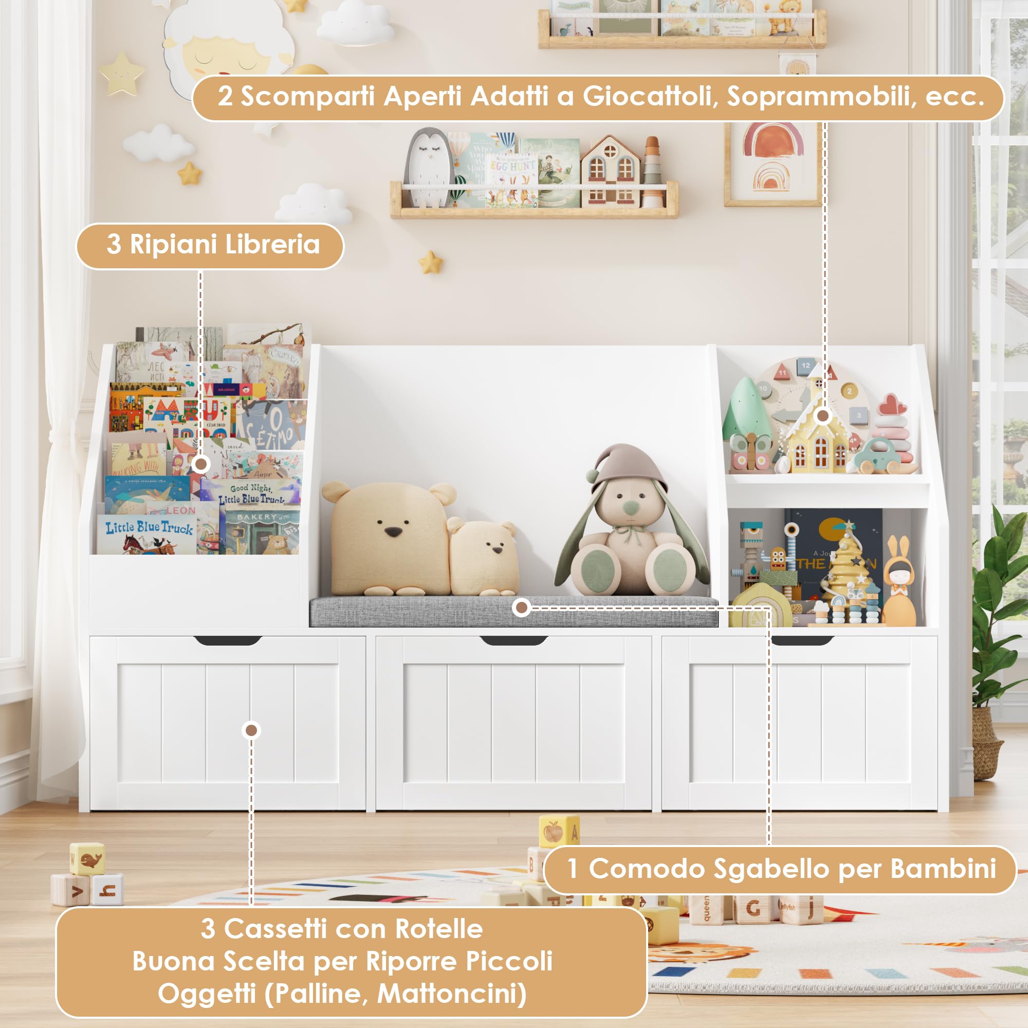 FOREHILL Libreria Montessoriana per Bambini, Porta Giochi Bambini con Cuscini, Libreria Panca a 4 Ripiani, Mobile Porta Giochi a 3 Cassetti con Ruote, per Cameretta, Studio, 140x39.5x80 cm (Bianco)