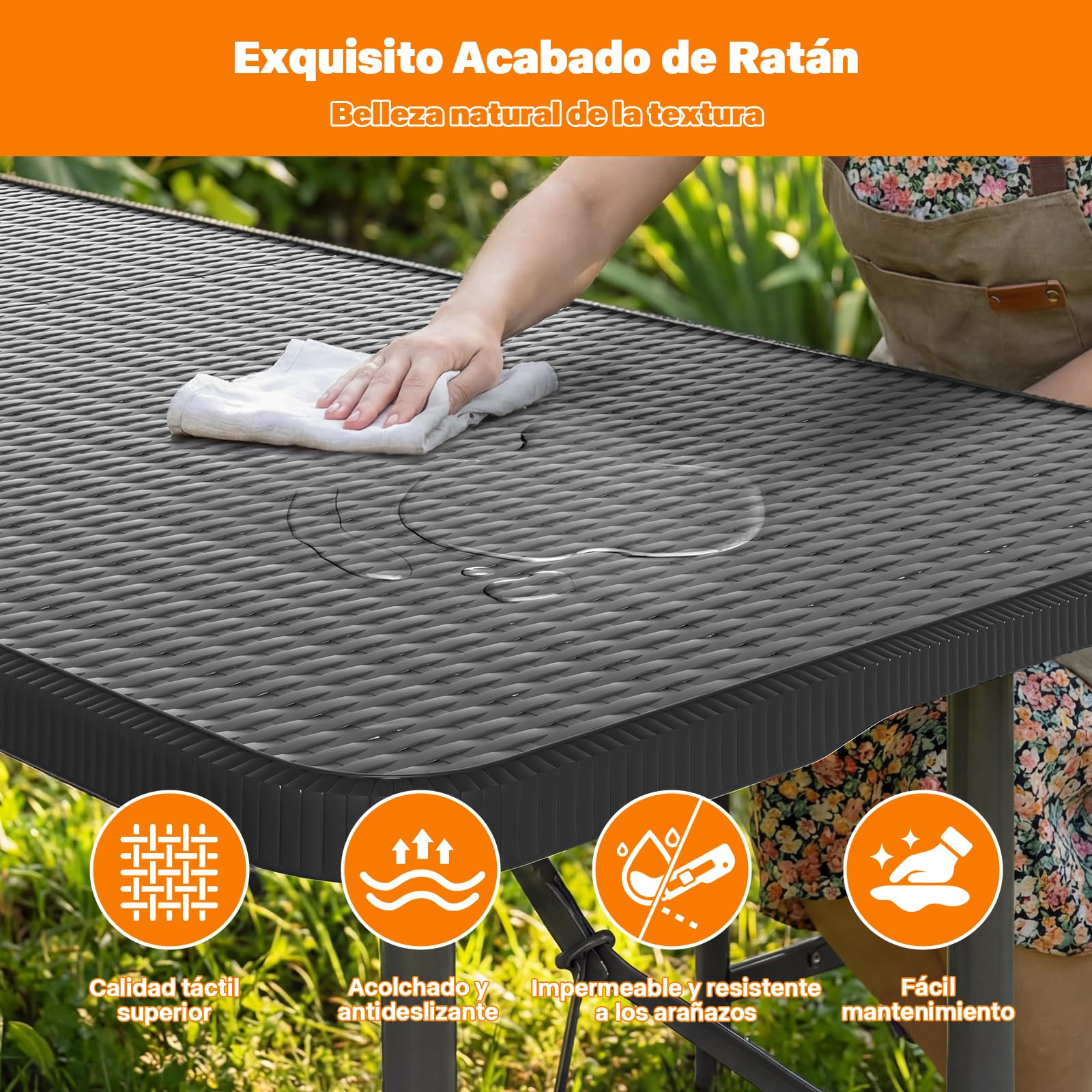 Devoko Juego de mesa y sillas plegables para camping, textura de tejido de ratán, construcción resistente, portátil y fácil de limpiar, se pliega para un almacenamiento compacto, ideal para playa