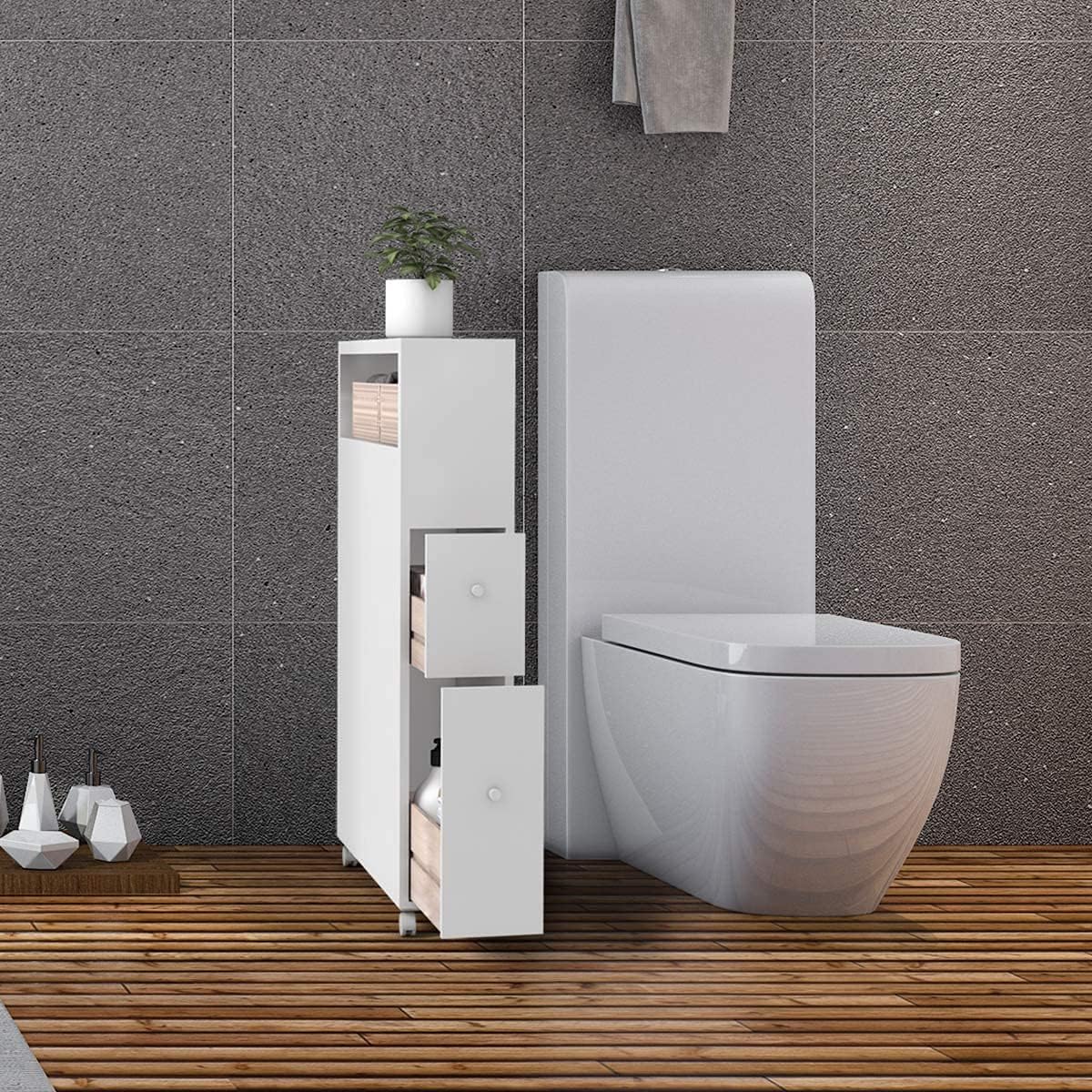 Squareful Narrow Bathroom Cabinet, Rolling Slim Storage Cabinet w/Wheels, Toilet Cabinet w/Slide-Out Drawers & Baskets, Space-Saving Bathroom Organizer Floor Cabinet HW66225WH