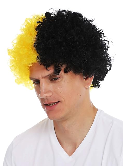 Foto 2 de 4 de WIG ME UP- MMAM-15M Peluca Carnaval Afro hinchas del fútbol Cabello Negro Amarillo Partido por la Mitad