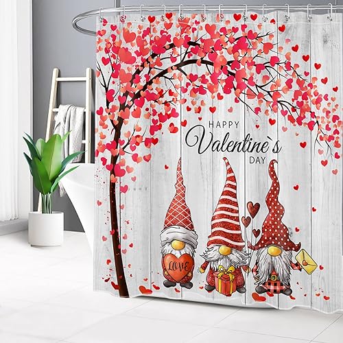 Miniatura 2 de Valentines Day Shower Curtain for Bathroom Funny Gnome and Red Heart Tree on Rustic Vintage Grey Wood Bathroom Shower Curtains with Hooks Romantic