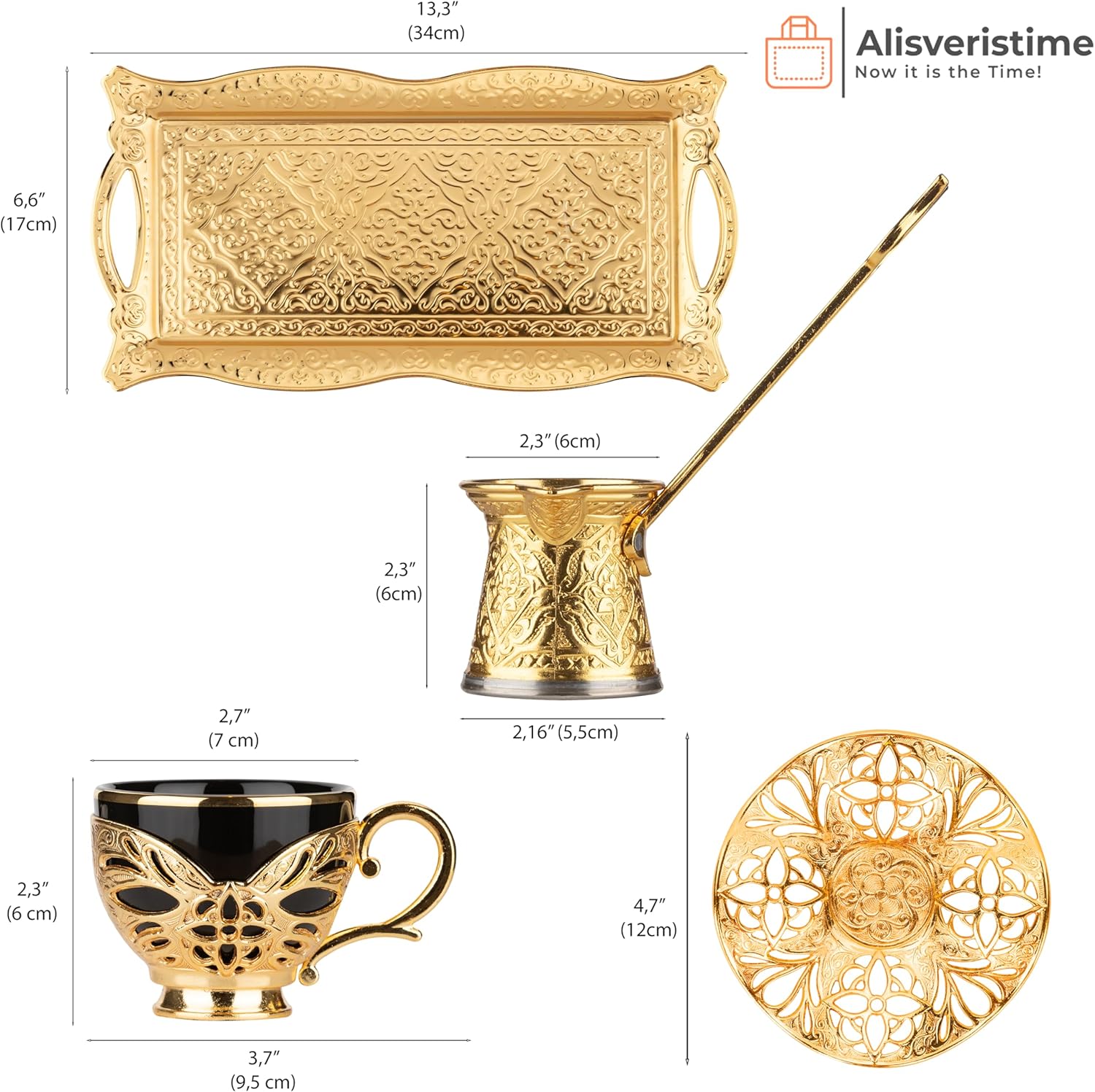 Alisveristime Turkish Coffee Set for Two, 2 Black Gilded Porcelain Cups with Zamac Holders and Saucers, Metal Tray, Lale Motif Zamac Coffee Pot (Black Gilded) (Gold) - Image 3