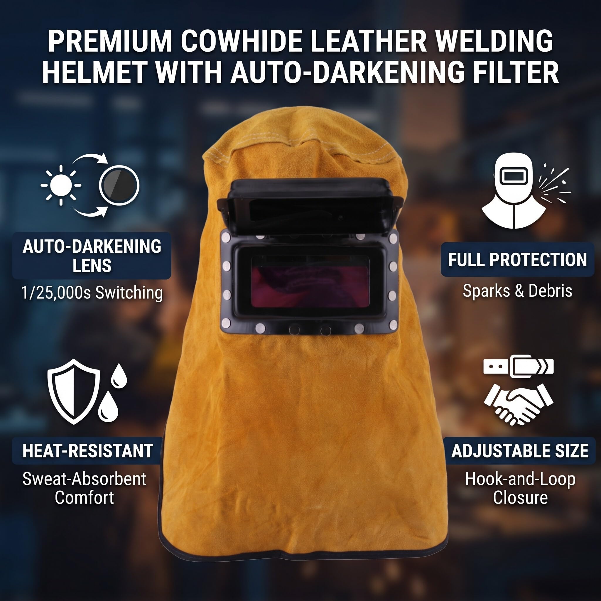 Casco de Soldadura de Cuero con Lente de Oscurecimiento Automático para Protección Facial y Cuello Pantalla de Soldador con Ajuste Rápido y Material Transpirable