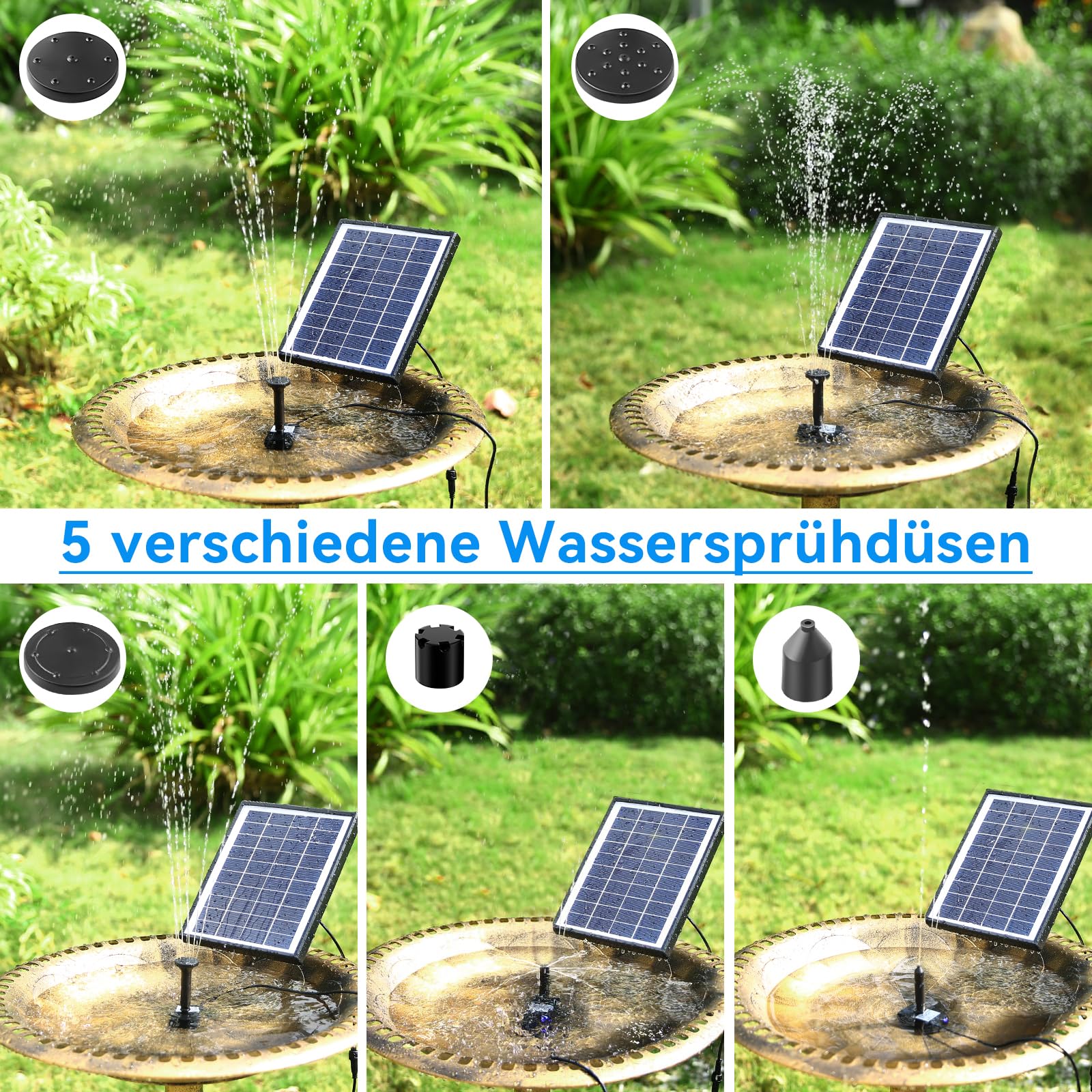 POPOSOAP Fuente solar exterior de 6 W, fuente solar para bebedero para pájaros con manguera de 1,5 m y 5 boquillas, fuente de agua solar DIY para jardín, estanques pequeños, acuarios