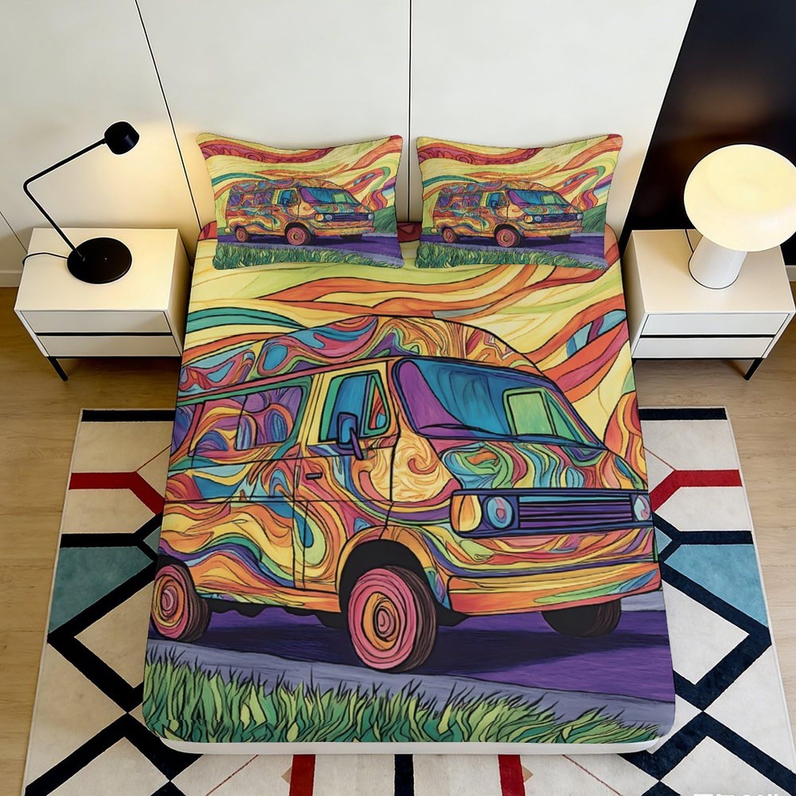 3D Printed Psychedelic Van Fitted Sheet Microfiber Soft Breathable Colorful Swirl Bed Cover for Bedroom Dormitory Guest Room Mattress Protection 160x200x25cm