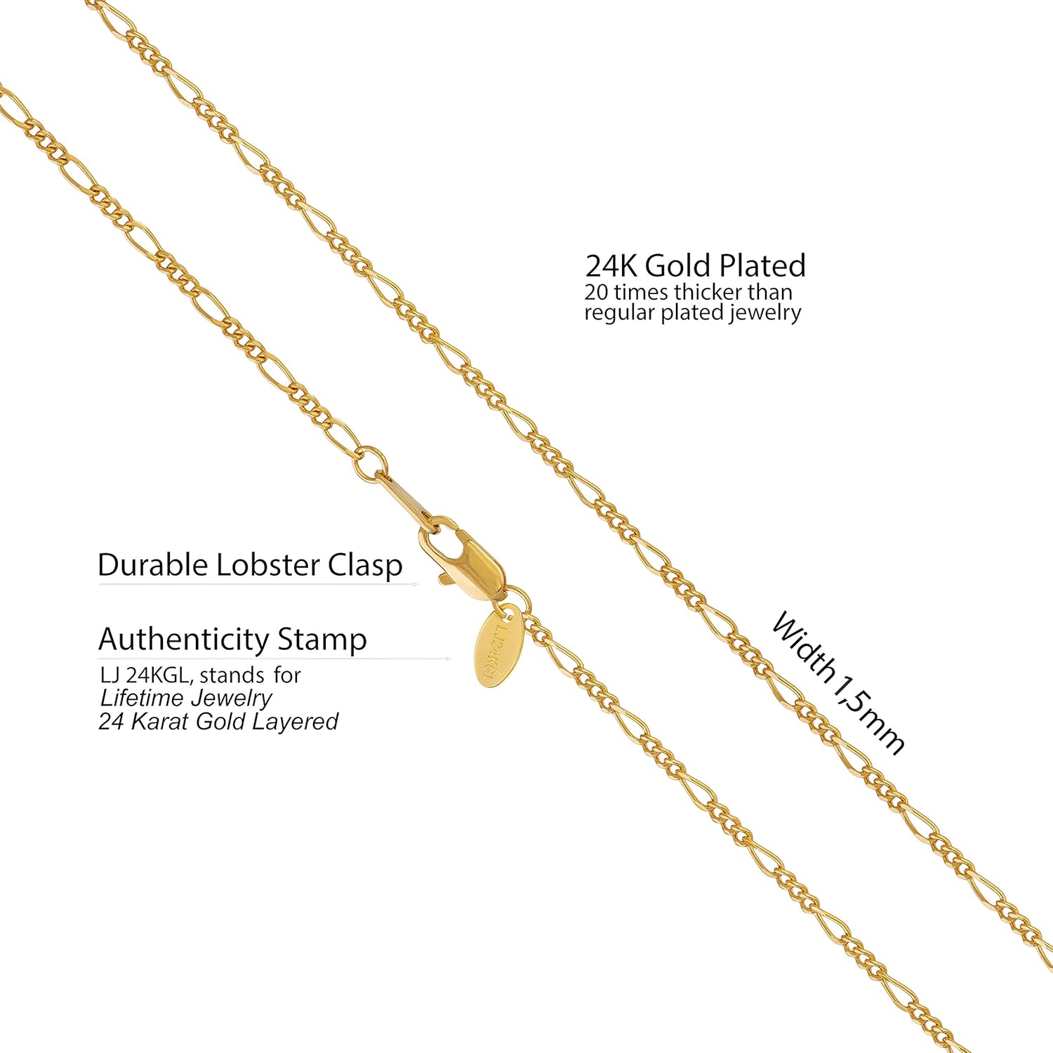 LIFETIME JEWELRY 1.5mm Figaro Chain Necklace Women and Men 24k Real Gold Plated