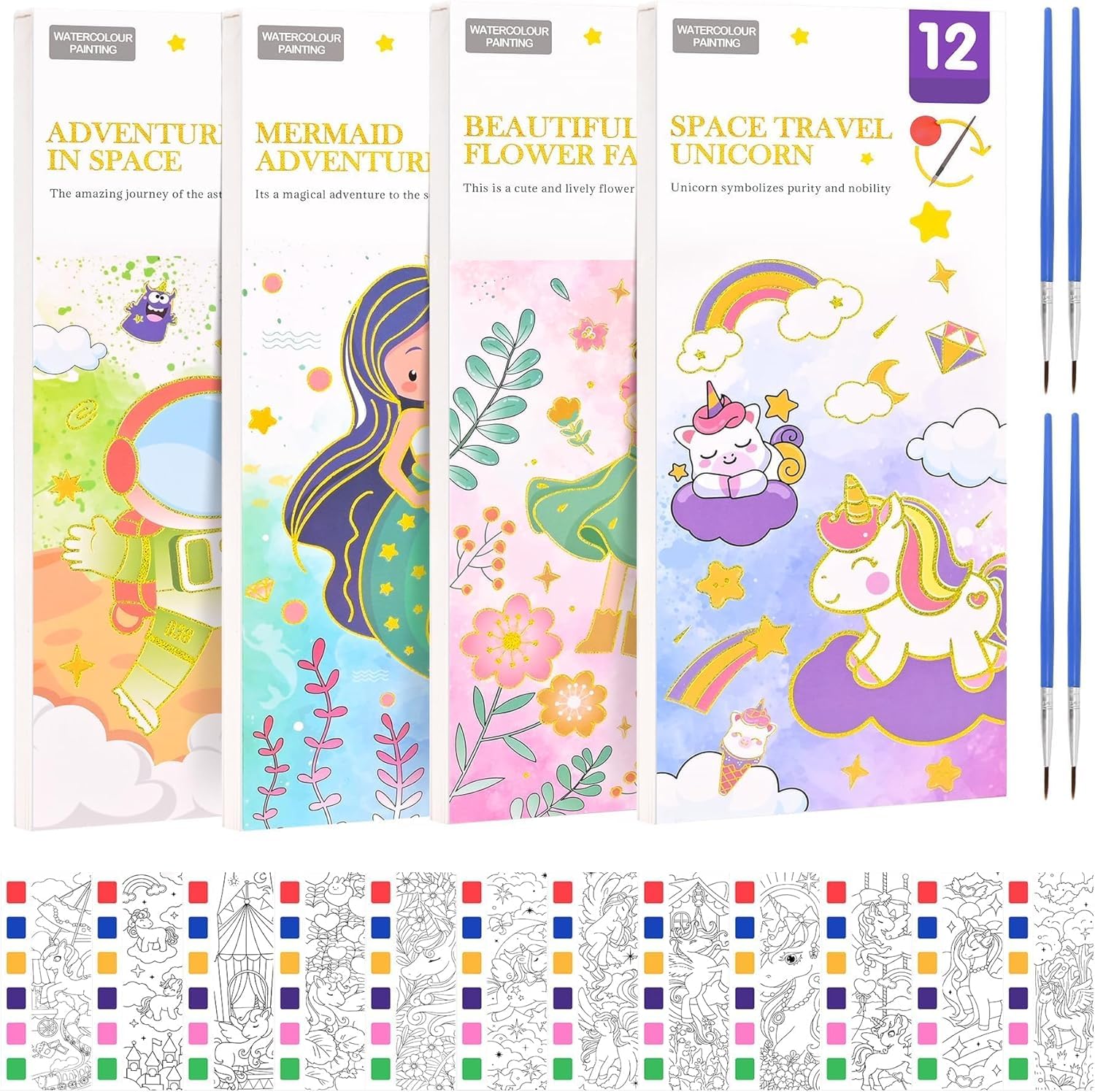 SWIUKPHE 4 Pack Pocket Water Coloring Books for Kids, Magic Painting Books with Paints & Brushes, Creative Coloring Activities for Boys and Girls Ages 5-8 - Perfect Gifts