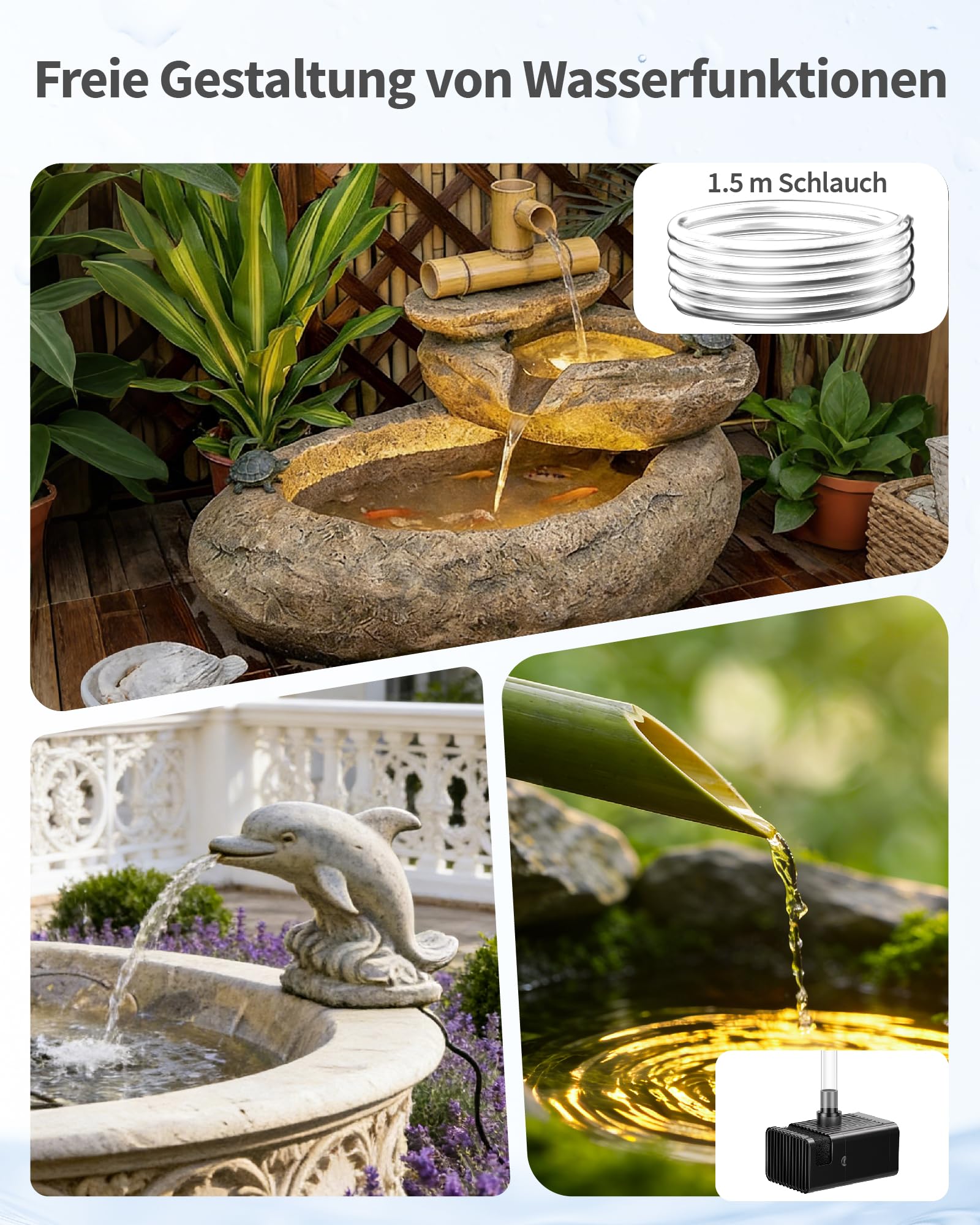 POPOSOAP Bomba solar para estanque, Solarbrunnen de 12W con batería de 4200 mAh, funcionamiento diurno y nocturno, Fuente decorativa para estanques de jardín, Montaje sencillo