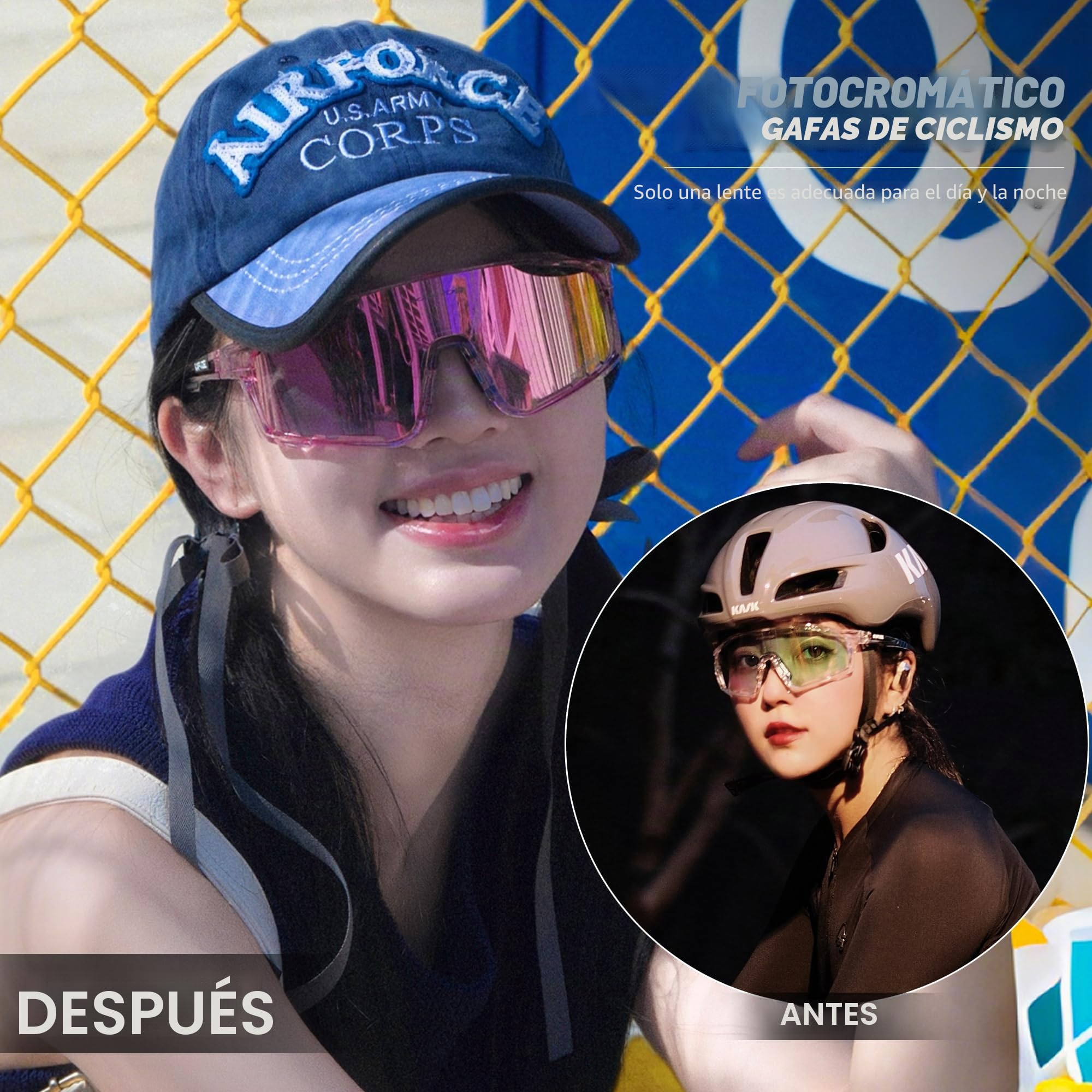 KAPVOE Gafas Ciclismo Fotocromáticas Lente y Montura UV400 Color Rosa K76 | Lente & montura fotocromáticas, lente transparente a rosa CAT.1-CAT.2, UV400, almohadilla regulable