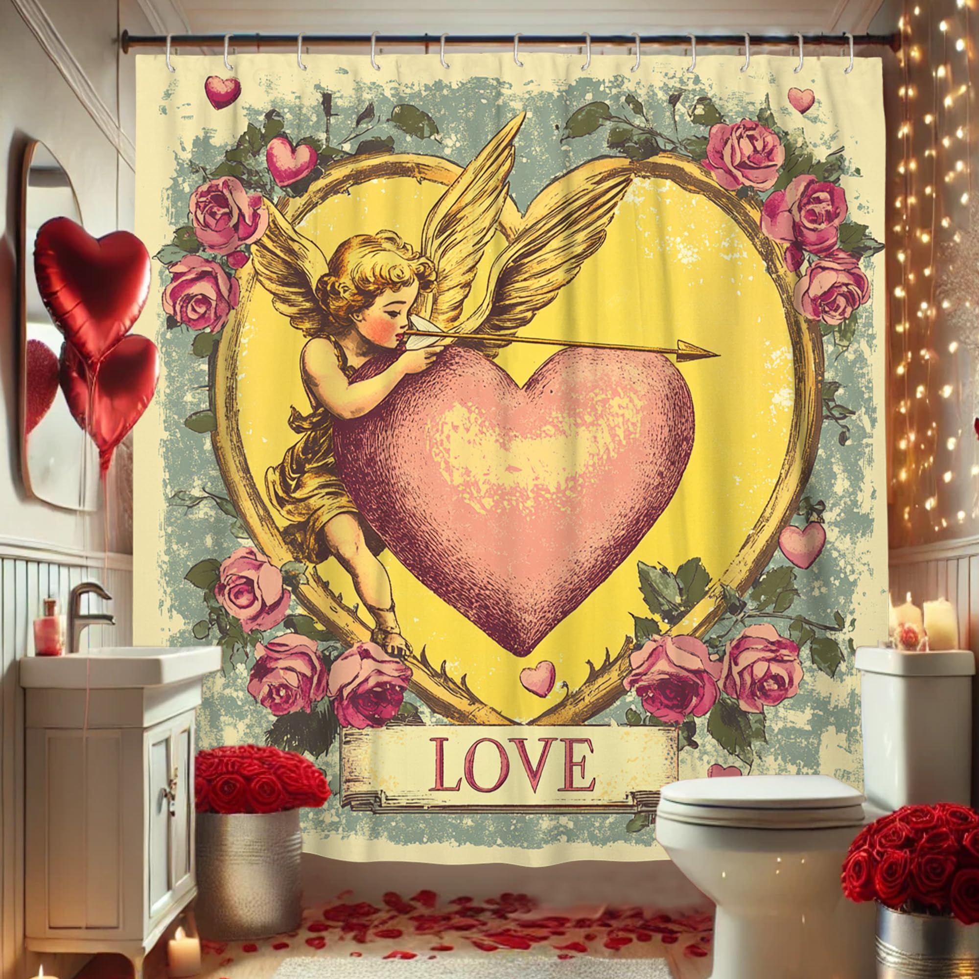 Cherub Shower Curtain, Vintage Yellow Red Rose Heart Decor for Bathroom, Romantic Valentine's Day Modern Art Fabric Shower Curtain Set with Hooks 62x72 Inch