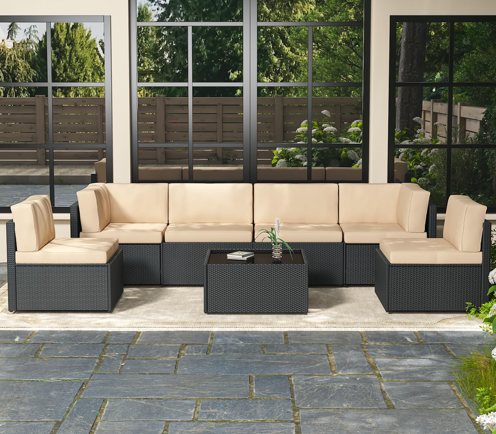 AECOJOY 7 Piece Outdoor Patio Furniture Set, Outdoor Sectional Conversation Furniture Chair with Coffee Table,Patio Sectional for Garden,Backyard(Khaki Cushions and Black PE Rattan)