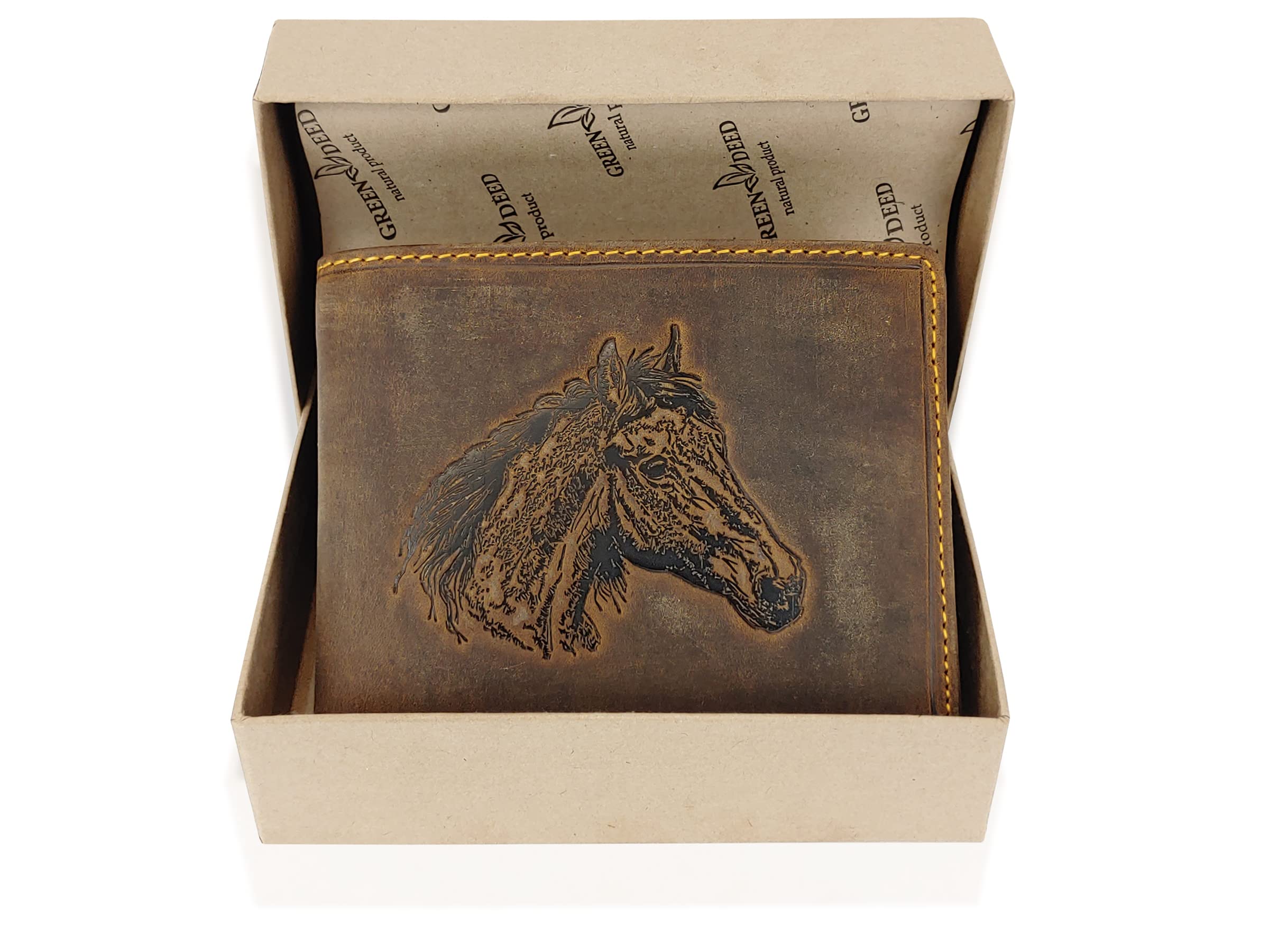 Billetera para Hombre de Cuero Genuino - Billetera Grande de Cuero con Bolsillo para Monedas – Marrón Vintage - Caballo - 12 x 9 x 3 cm