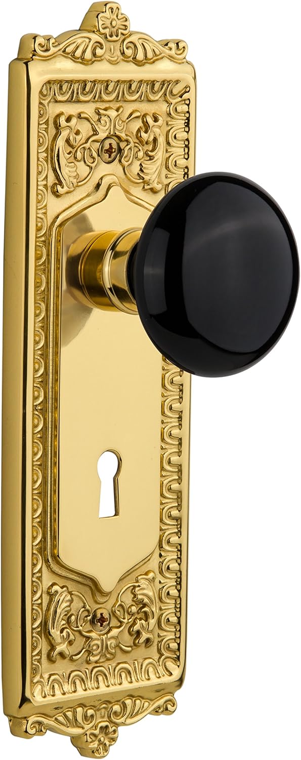 Nostalgic Warehouse 710158, Single Dummy, Antique Pewter Egg & Dart Plate with Keyhole Black Porcelain Knob