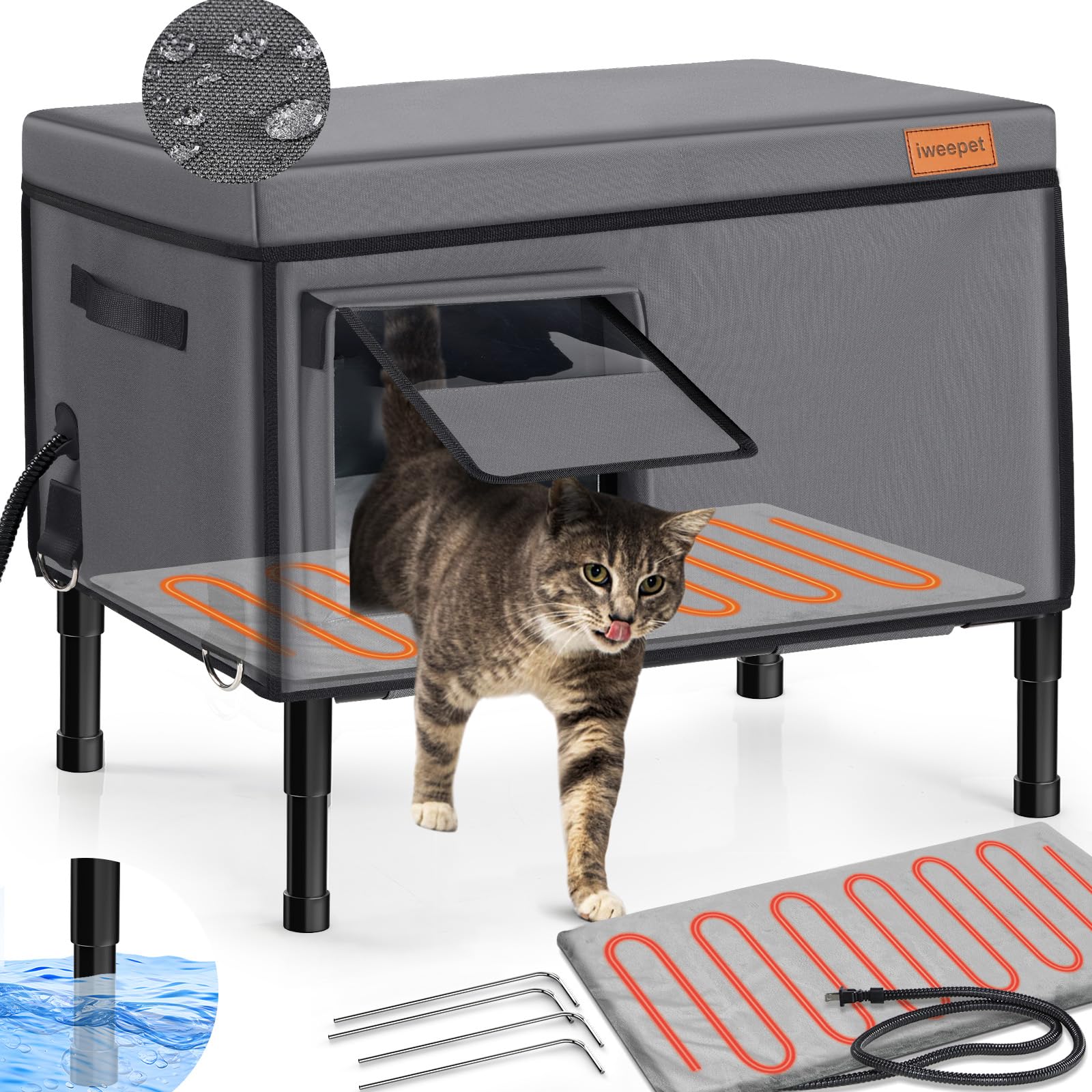 iweepet Heated Cat House for Outdoor Cat in Winter, 100% Waterproof Outdoor Cat House with Heating Pad, Foil Insulated Cat Shelter for Outside Barn Feral Stray Cat