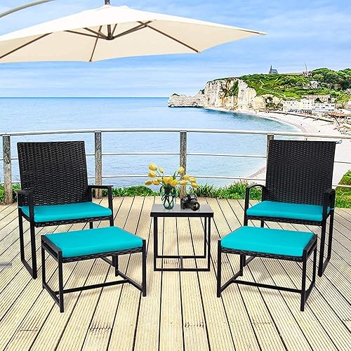 Kinsunny 5 Pcs Outdoor Bistro Sets Wicker Rattan Conversation Set with Ottoman Furniture Seat Cushions and Glass Tea Table for Patio Backyard