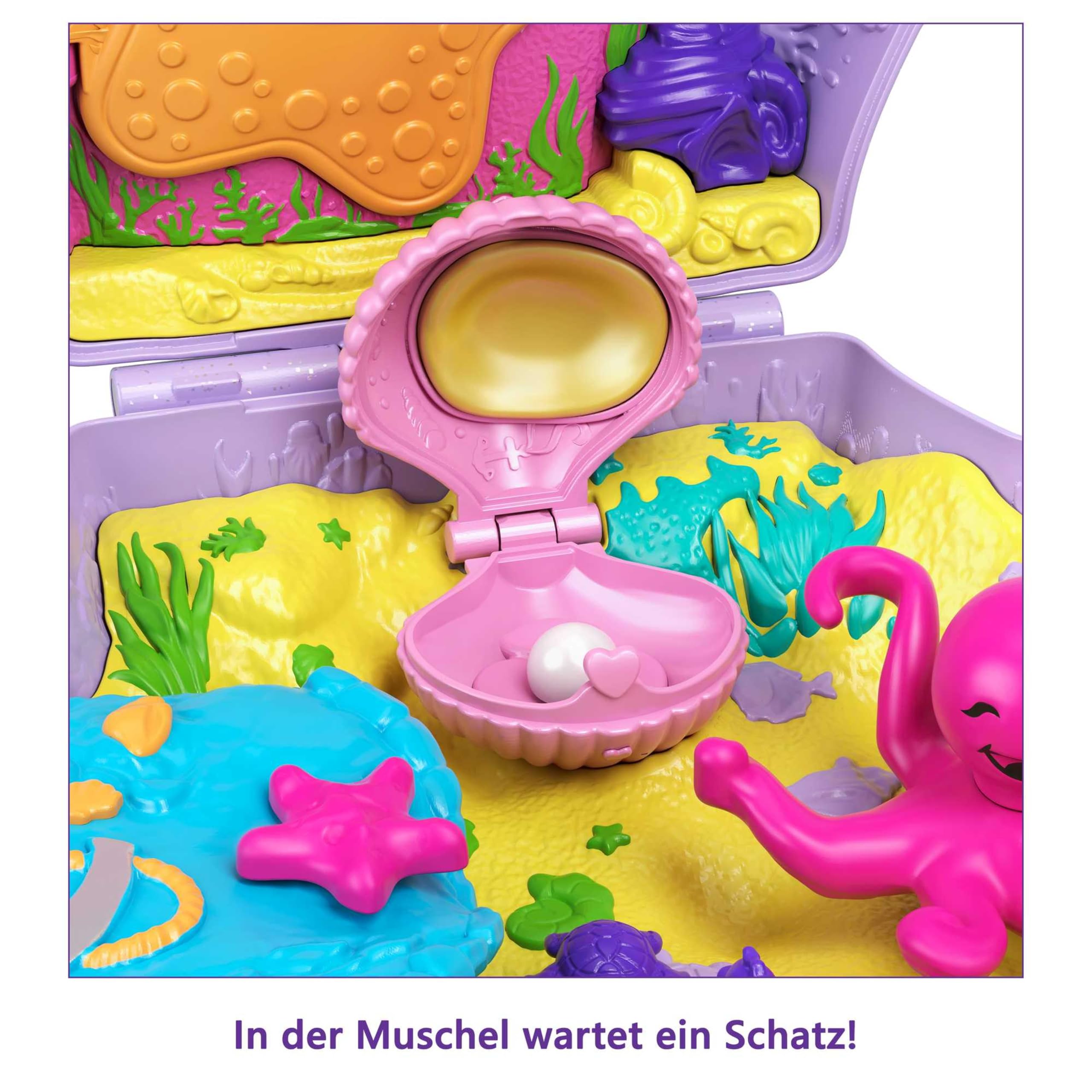 Polly Pocket Schatulle, Muschel Tasche zum Umhängen in Unterwasser Thema, mit 2 Puppen und 1 U-Boot, Polly Pocket Meerjungfrau Spielzeug, Spielzeug ab 4 Jahre, GNH11
