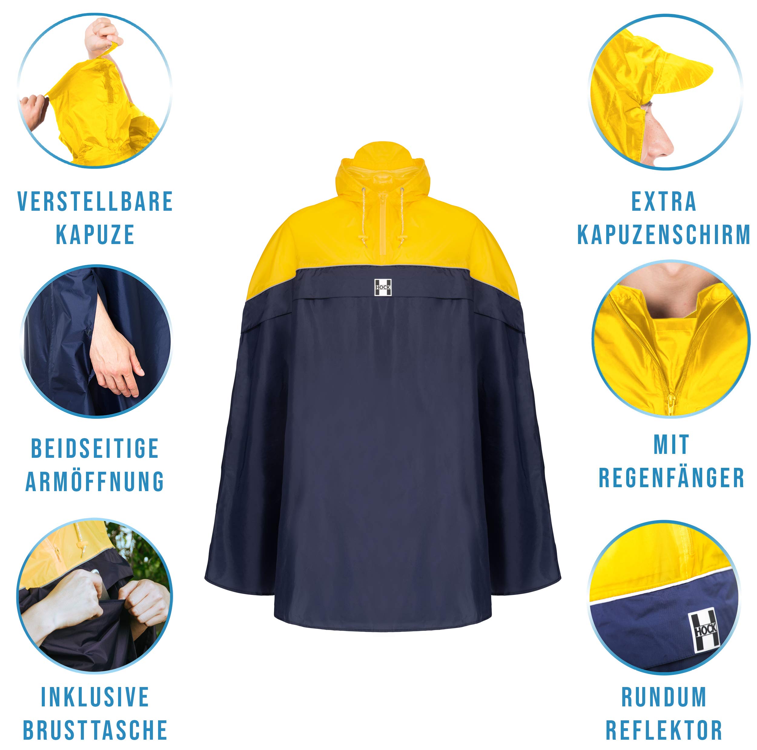 HOCK Poncho de pluie de vélo avec pli pratique du sac à dos - Poncho de vélo 100% imperméable avec réflecteur - Cape de pluie pour homme et femme - Vêtement de pluie de qualité supérieure