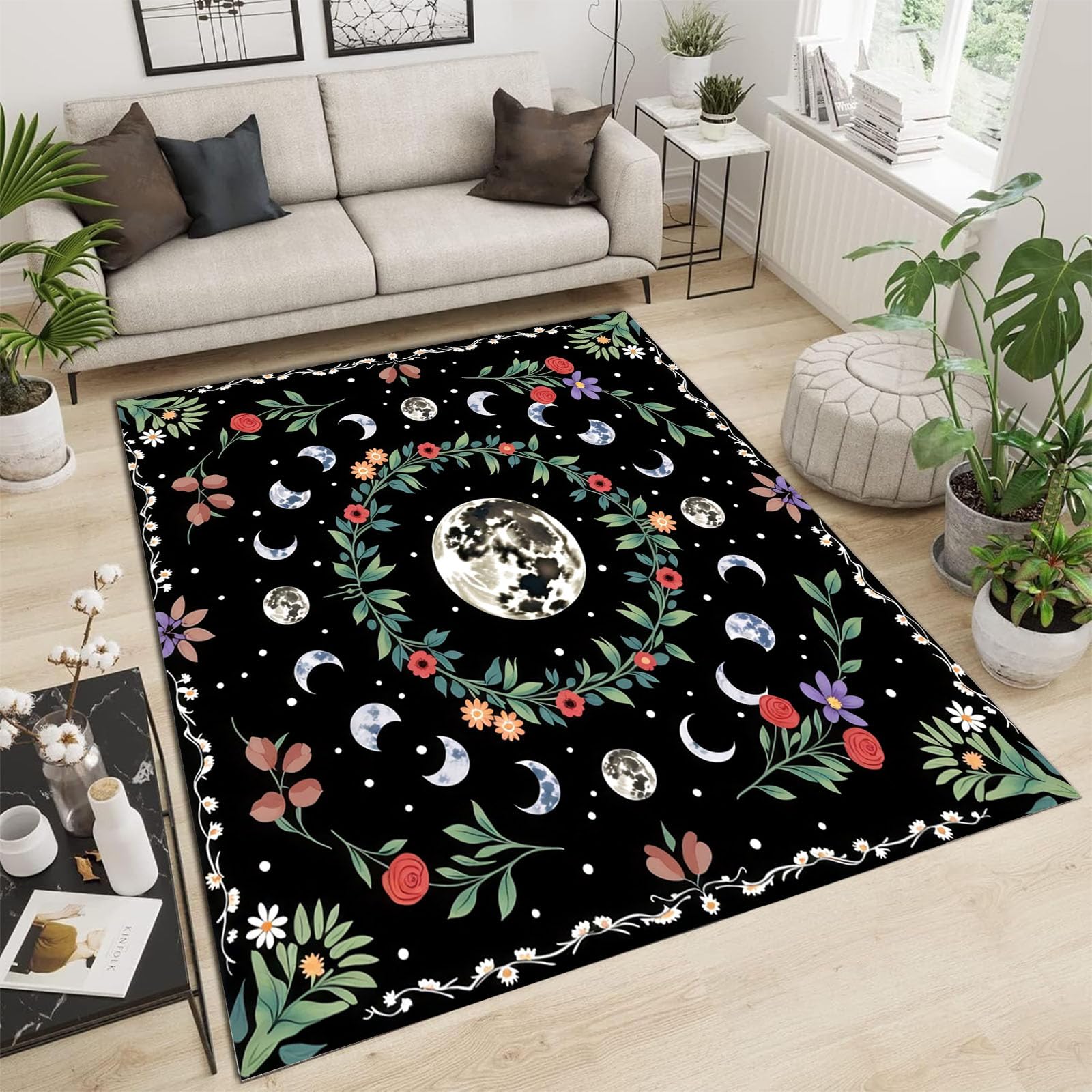 Tapis salon motif lune fleurs noir 180x270 cm grand modèle poil ras