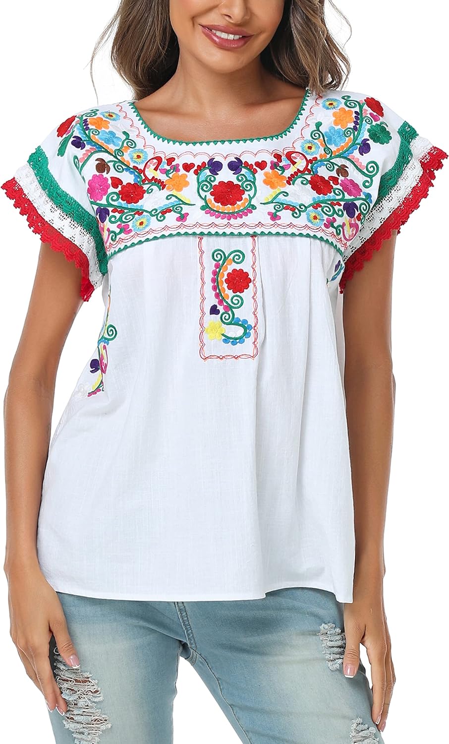 YZXDORWJ Women Mexican Embroidered Lace Traditional Colorful Blouse Tricolor Top Mexican Independence Day Shirt - Image 5