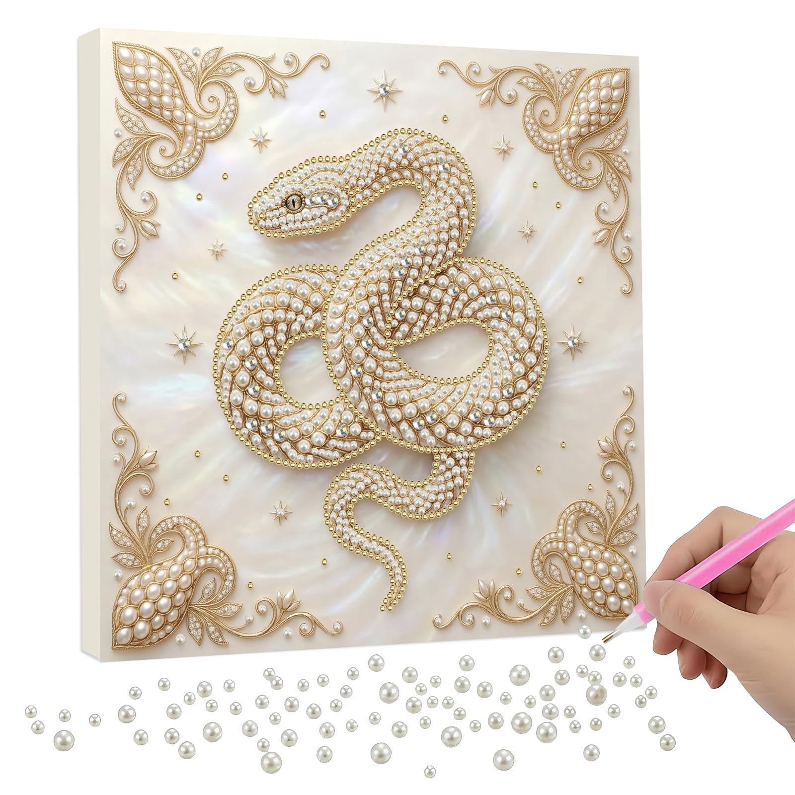 Lebartm DIY Pearl Painting Kit with Frame 9.84x9.84IN Twelve Zodiac Gemstone Diamond Dots Beads White Canvas Art Craft Display for Tabletop and Wall Mounting Home Decor-Snake — image 1
