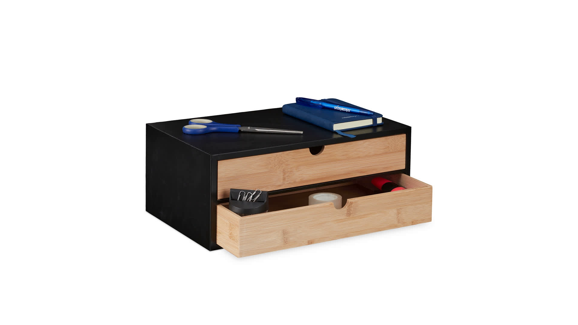 Relaxdays bureau organizer bamboe, 7 vakken, met pennenbak, telefoonhouder, kabelgat, bureau opzet, hout, natuur