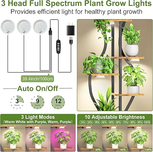 Miniatura 2 de Soporte para plantas de interior con luces de crecimiento, estante de metal alto de 7 niveles para múltiples plantas, estantes iluminados para