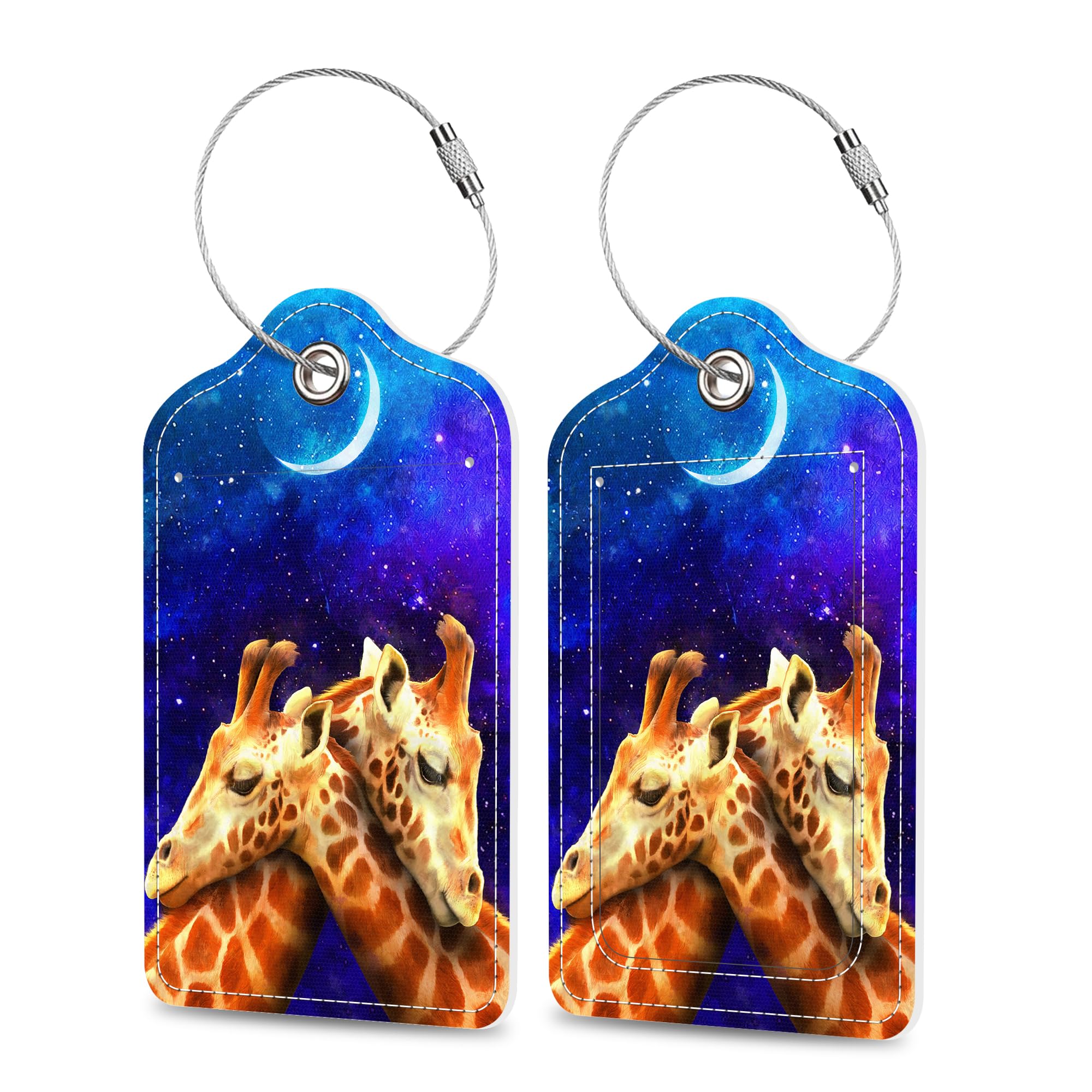 Set of 2 Luggage Tags Couple Giraffe at Galaxy Sky Leather Suitcases Tag with Privacy Cover Stainless Steel Loop and Address Card for Women Men Travel