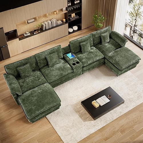 Miniatura 10 de Sofá modular Cloud de 151 pulgadas con 2 otomanas, sofás modulares en forma de U para sala de estar, cómodo sofá modular de felpilla de gran tamaño,