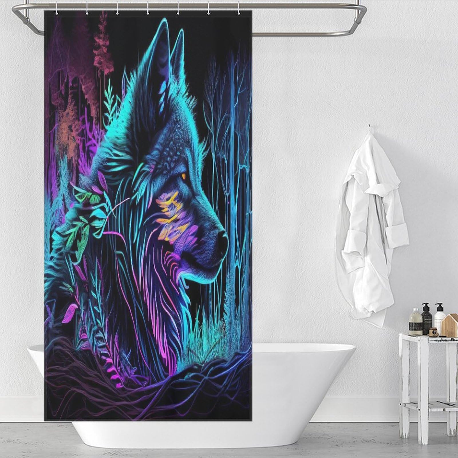Rideau de douche loup en tissu lavable imperméable 92x183cm pour baignoire
