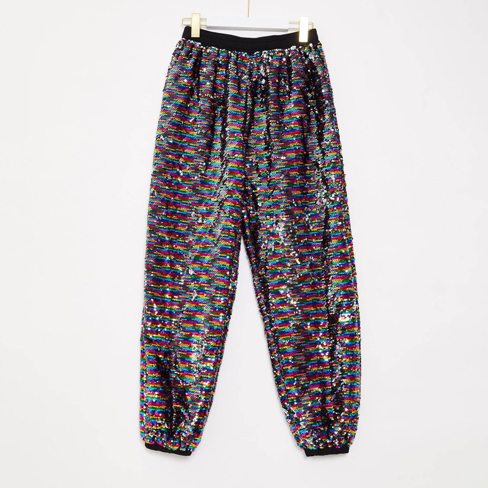 Pantalones de chándal informales con lentejuelas brillantes, puños elásticos, ideales para festivales, fiestas, salidas, estilo callejero cómodo.