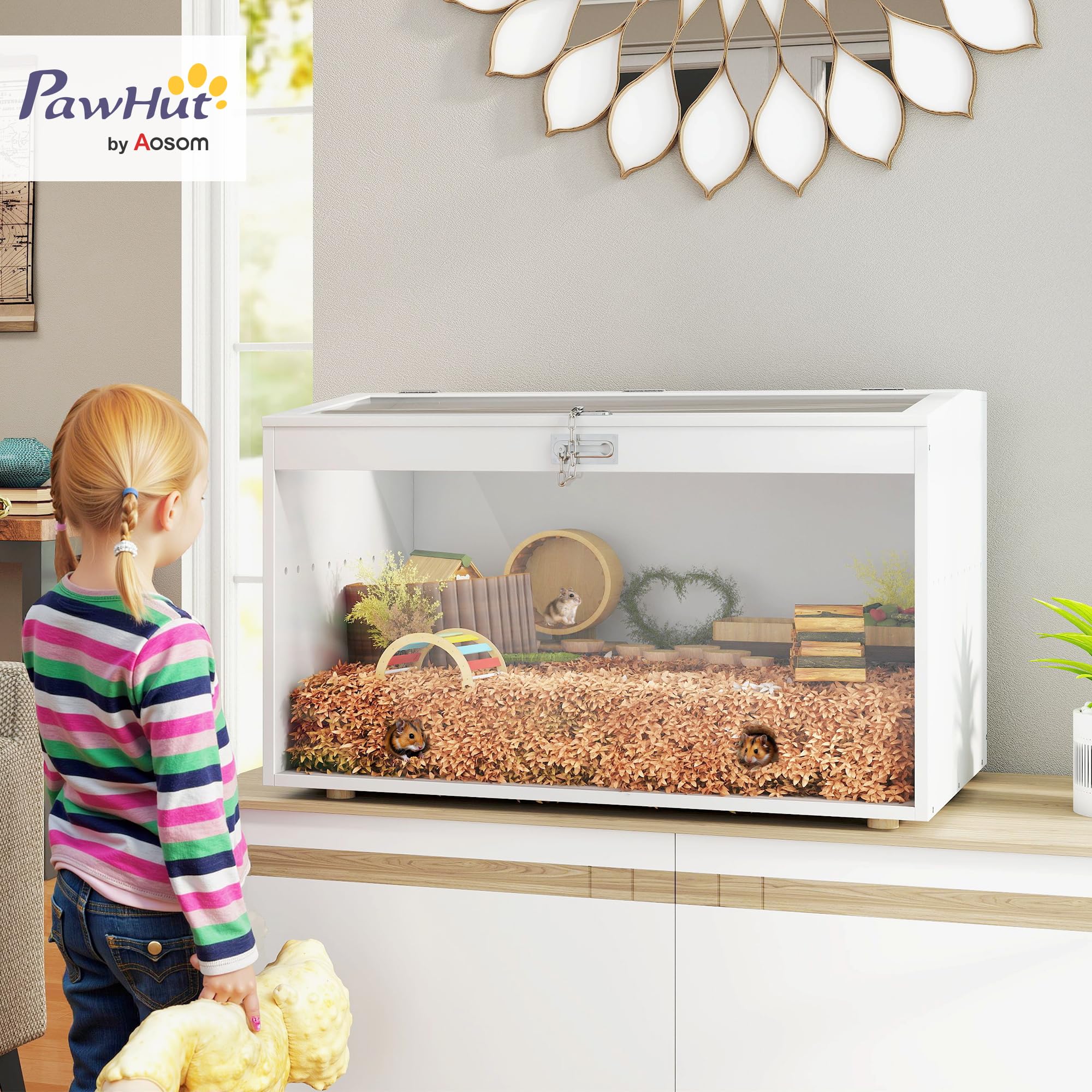 PawHut Jaula para Hámster Tapa Abatible para Jerbos 80x50x50 cm Blanco | Casa para Animales Pequeños, Ventana de Acrílico Transparente, para Hámsteres Enanos