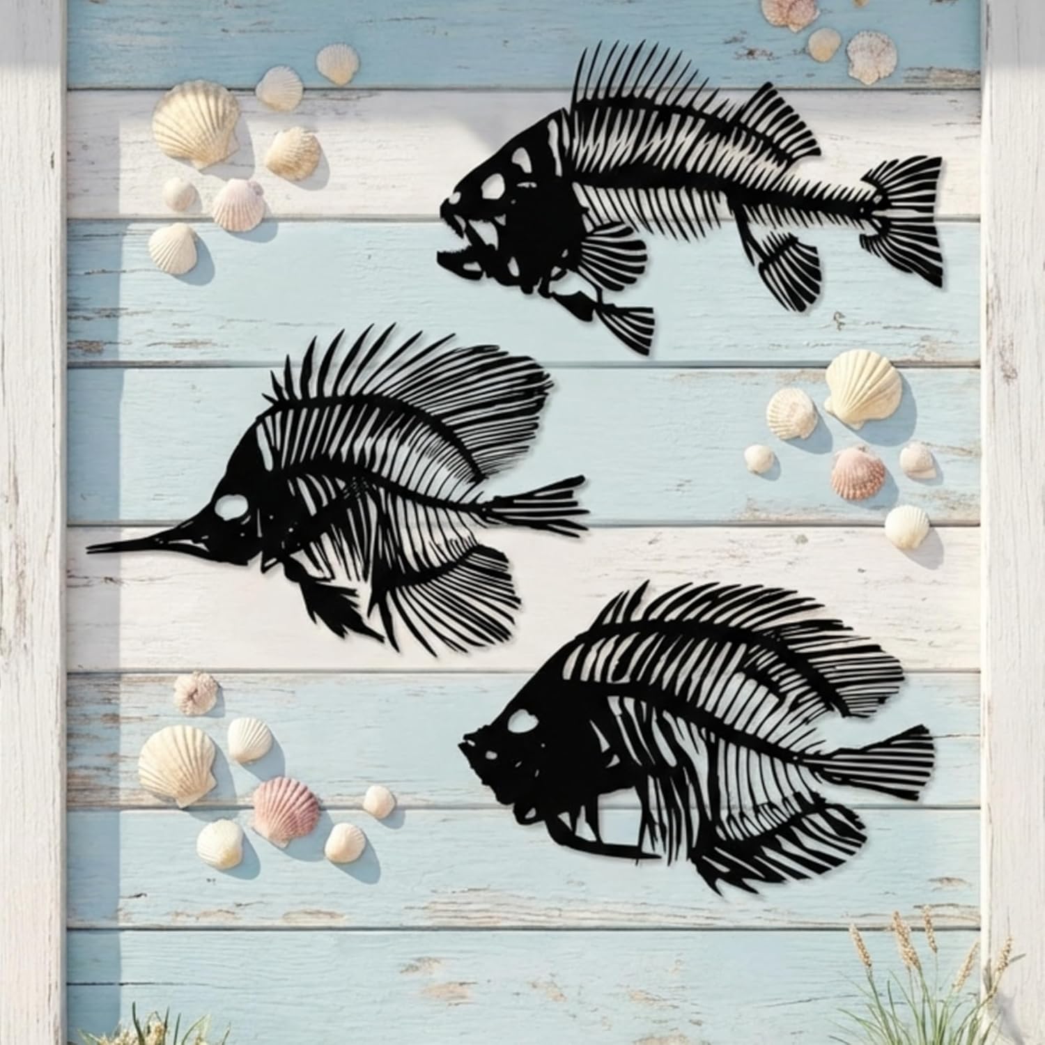 Zhengmy 3 Piece Metal Wall Art Fish Sculpture Hanging Metal Fish Bone Rustic Wall Decor Nautical Style Art Decor for Indoor Outdoor Office Home Bedroom Bathroom Living Room Window(Black)