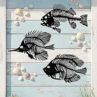 Vista 9 de Zhengmy 3 piezas de arte de pared de metal para colgar huesos de pescado de metal, decoración de pared rústica, estilo náutico, decoración artística