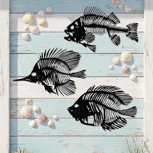 Miniatura 9 de Zhengmy 3 piezas de arte de pared de metal para colgar huesos de pescado de metal, decoración de pared rústica, estilo náutico, decoración artística