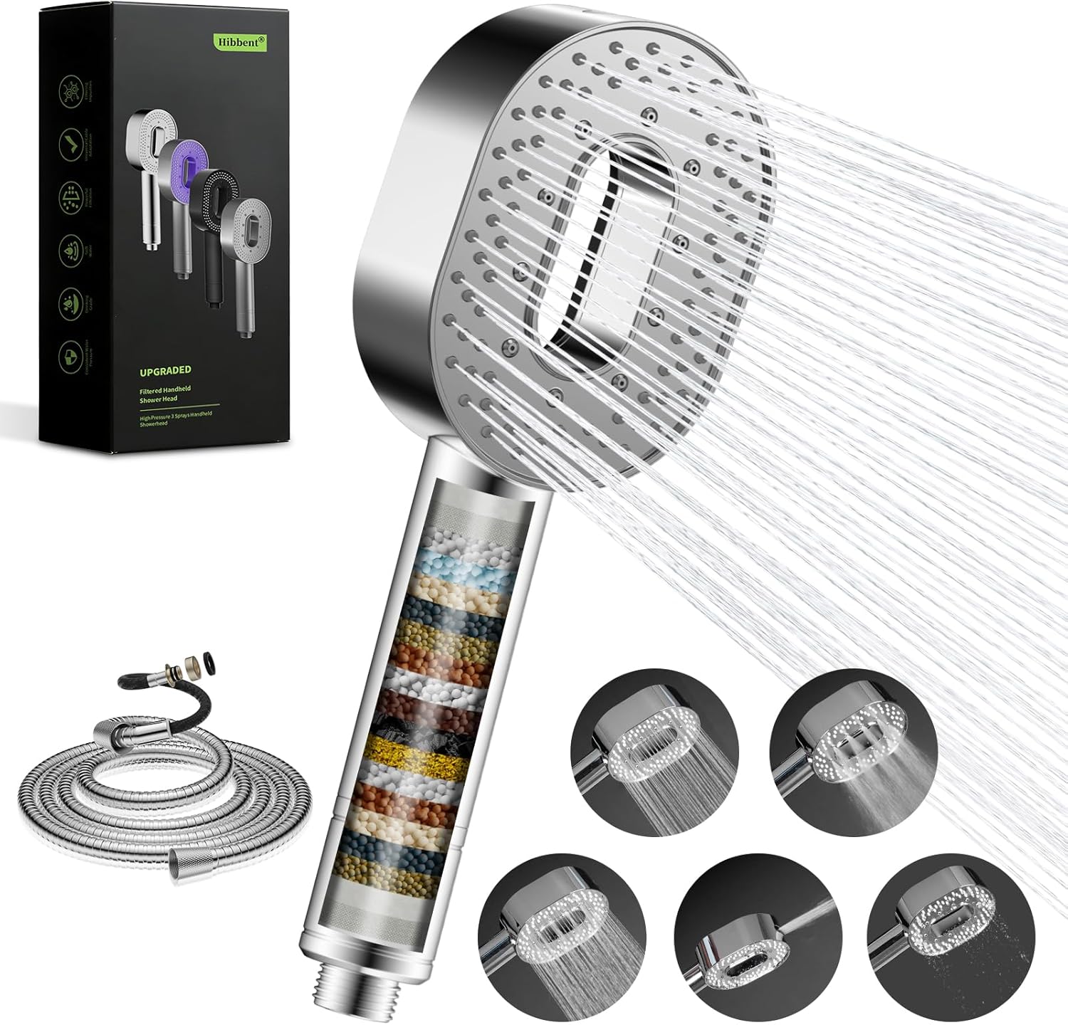 Hibbent Filter Duschkopf mit Schlauch 1,5m – Hochdruck Handbrause mit 20-Stufen Wasserfilter gegen Chlor &amp; Kalk – 5 Strahlarten Massage Duschbrause für Haut &amp; Haare, inkl. Filterkartusche, Chrom