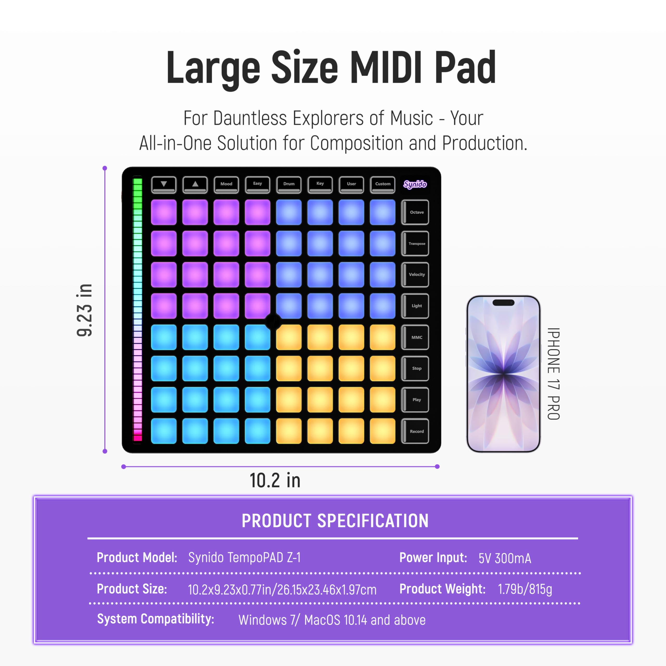 Synido Controlador MIDI de 64 almohadillas, TempoPAD Z-1 Beat Maker con 64 almohadillas de ritmo para producción musical, controlador midi USB con modo fácil para principiantes