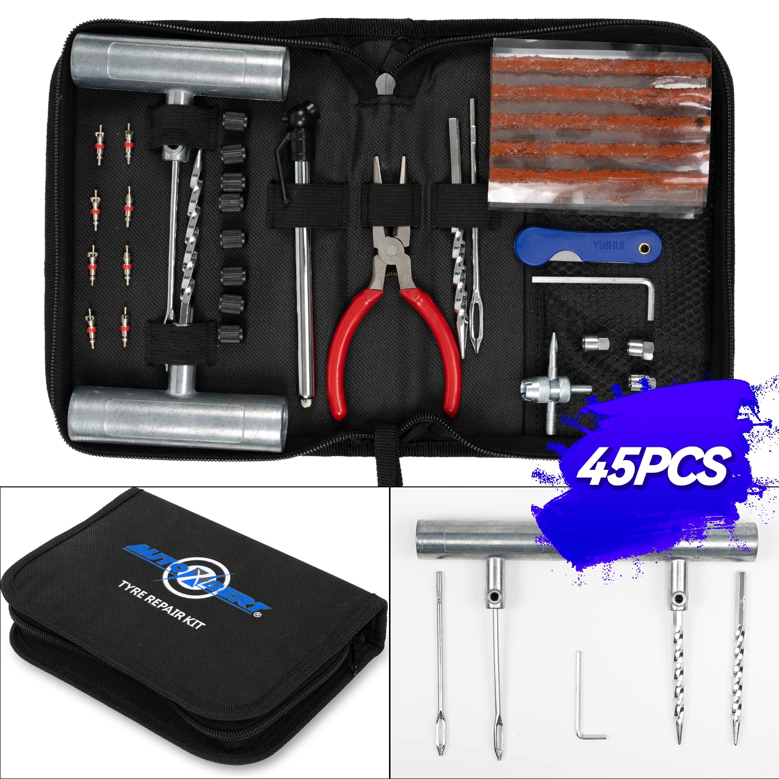 Kit de reparación portátil de neumáticos de coche, 45 piezas, herramienta de reparación de pinchazos de neumáticos para coches, motocicletas, ATV, cortacésped, tractores, camiones
